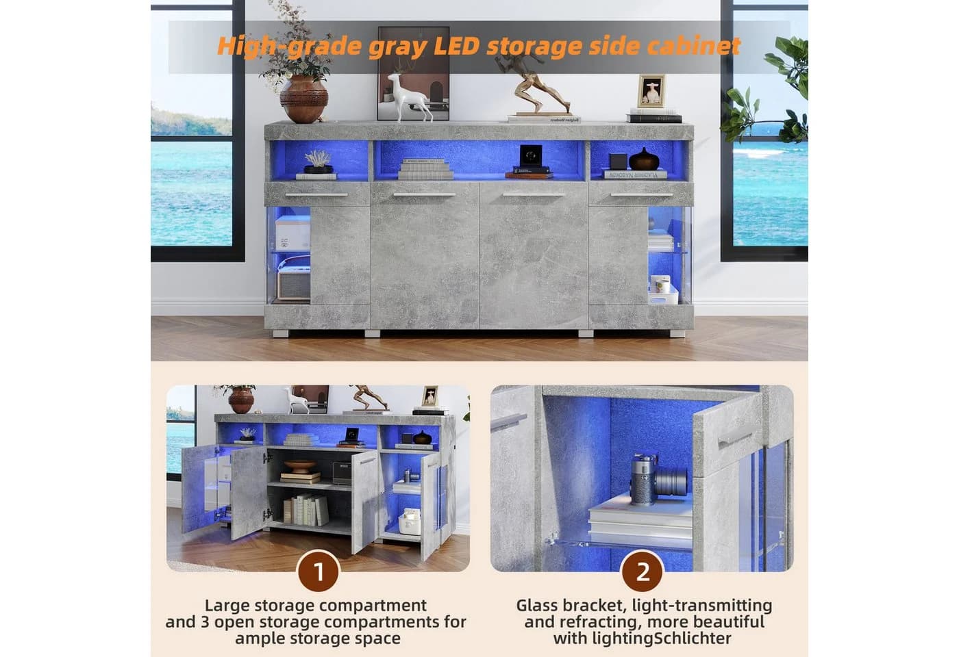 HAUSS SPOLE Sideboard Hochglanz mit LED-Licht Grau - Bild 4