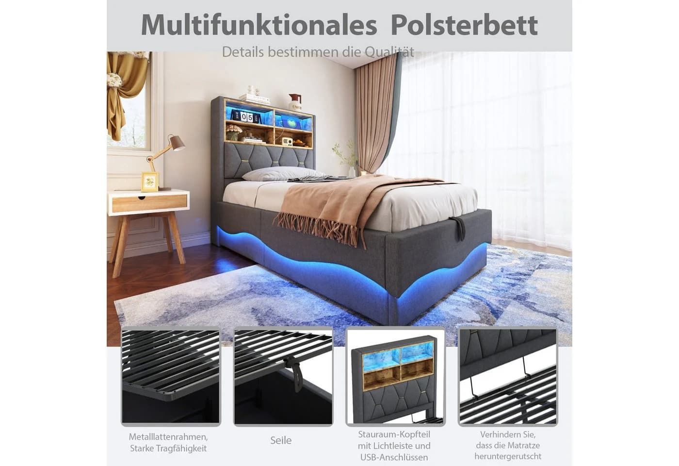 HAUSS SPOLE Polsterbett 90x200 cm mit Hydraulischem Stauraum, LED-Licht, USB-Ladeanschluss Grau - Bild 4