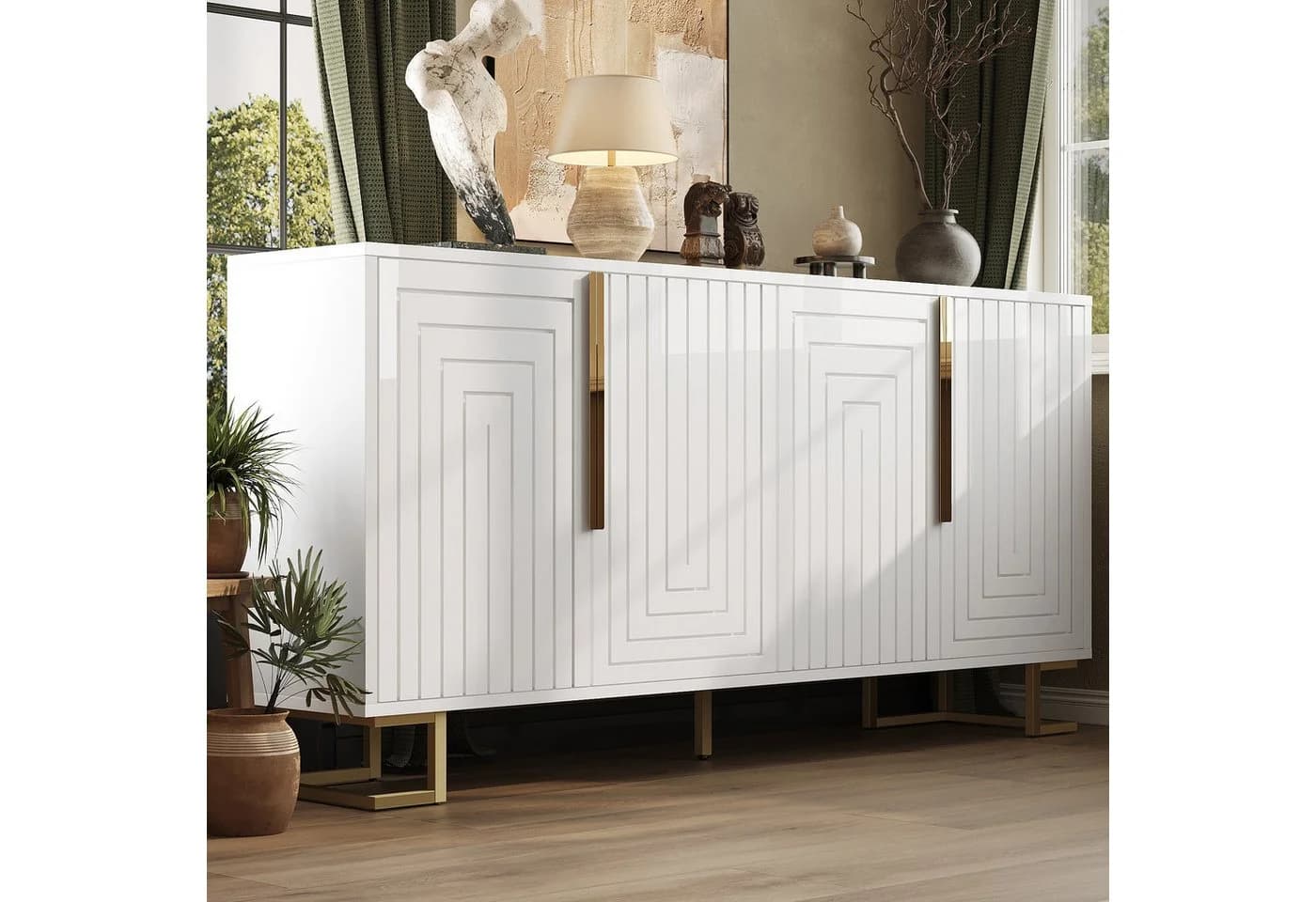 HAUSS SPOLE Sideboard Weiß Geometrisches Design Goldene Akzente - Bild 2