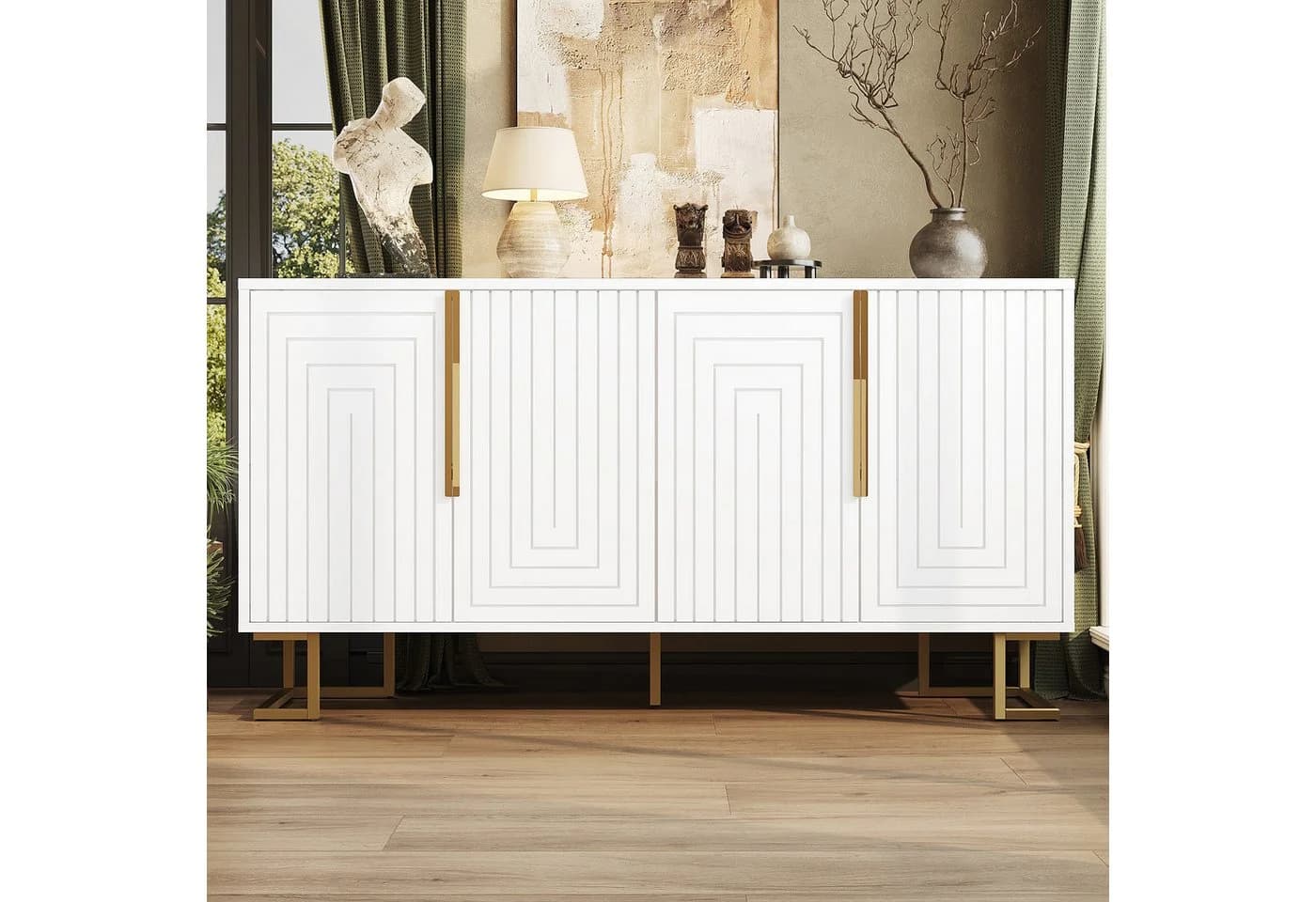 HAUSS SPOLE Sideboard Weiß Geometrisches Design Goldene Akzente - Bild 3