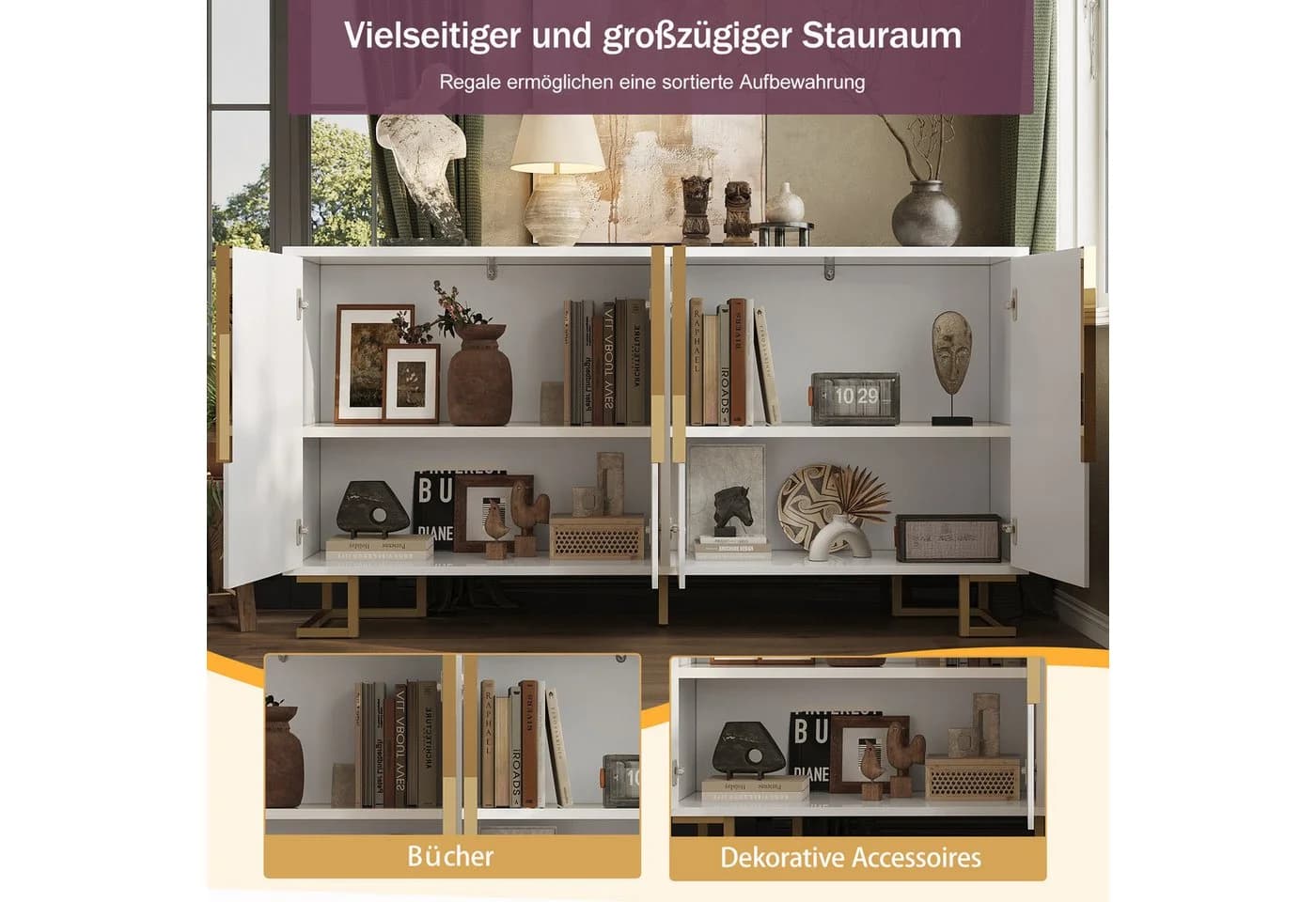 HAUSS SPOLE Sideboard Weiß Geometrisches Design Goldene Akzente - Bild 4