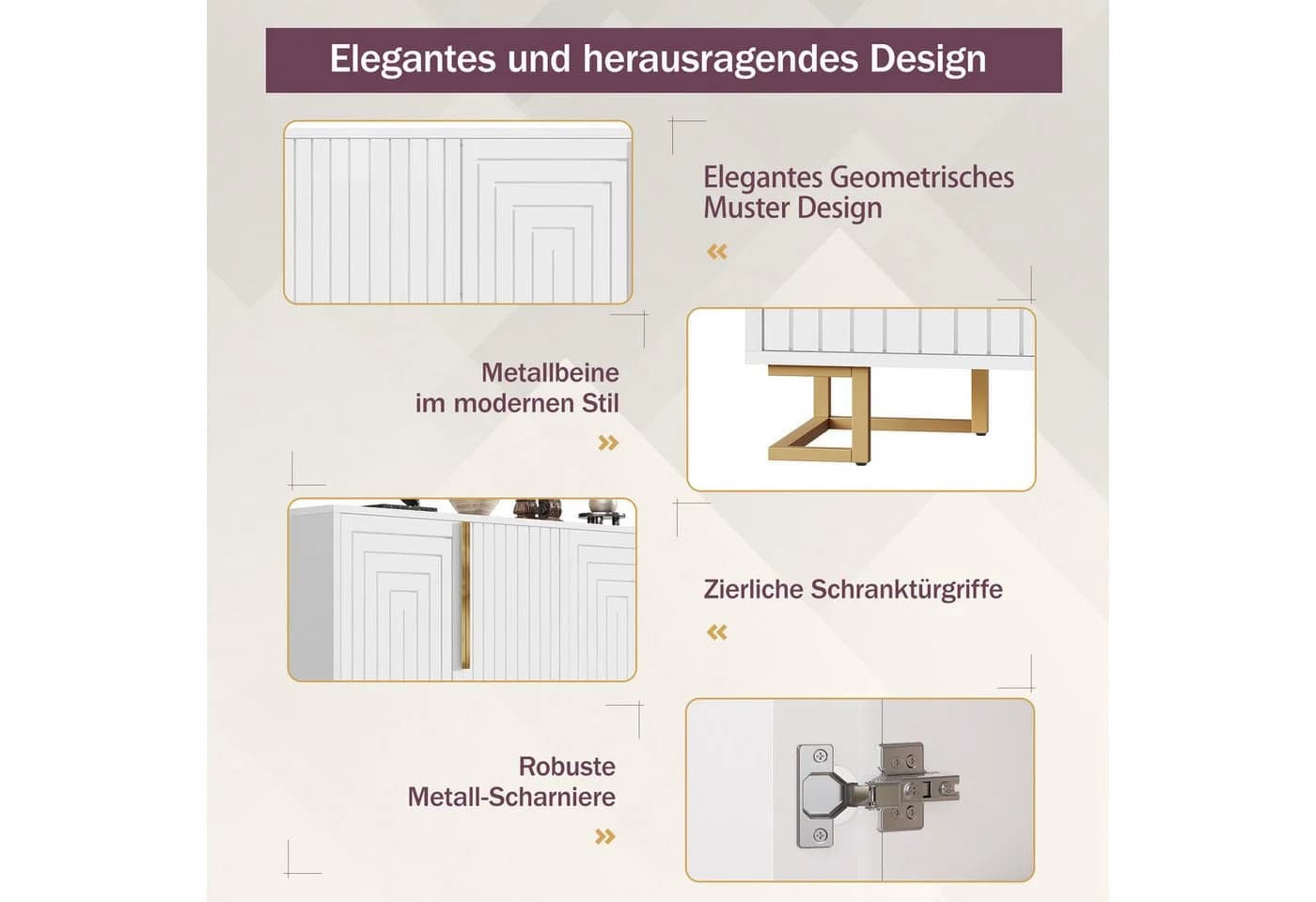 HAUSS SPOLE Sideboard Weiß Geometrisches Design Goldene Akzente - Bild 5