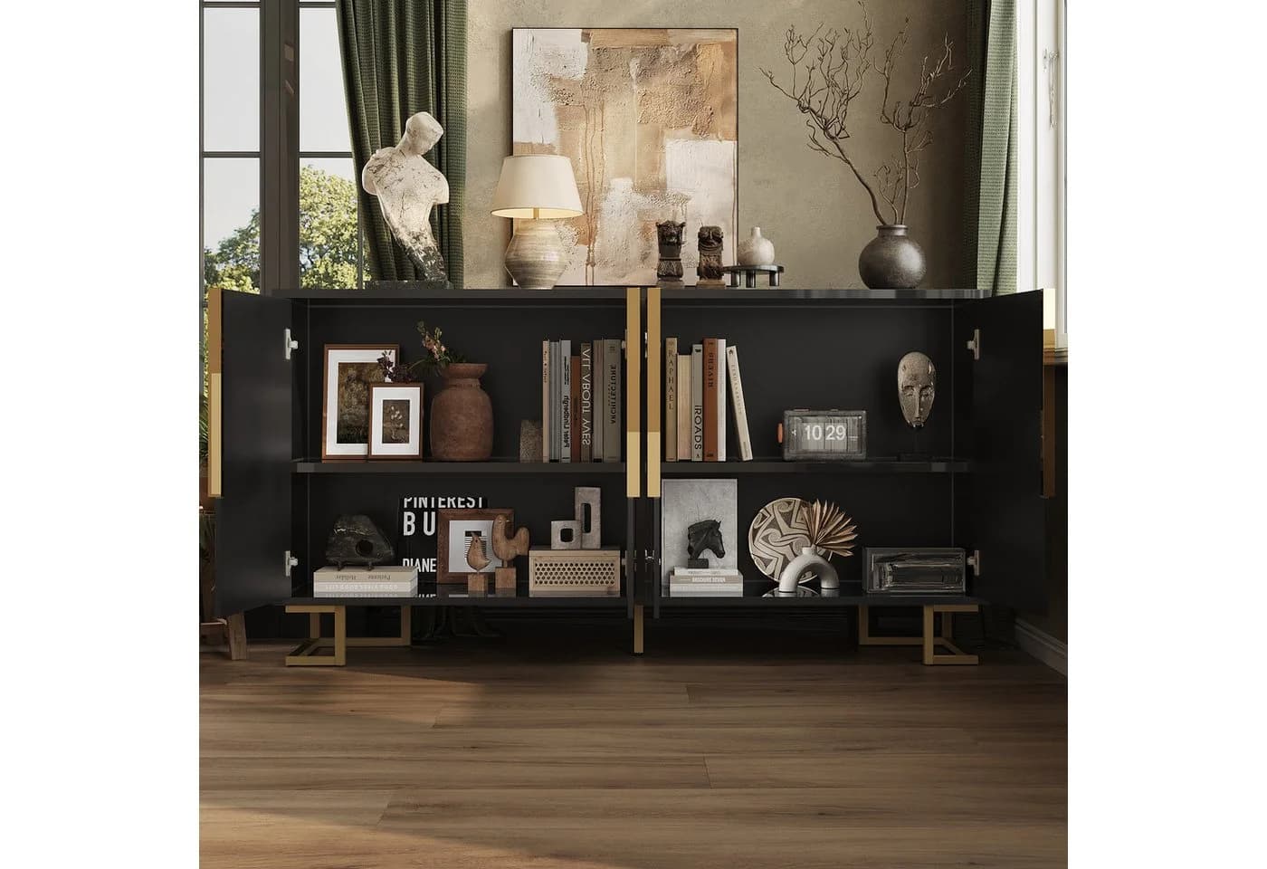 HAUSS SPOLE Sideboard Schwarz Geometrisches Design Goldene Akzente