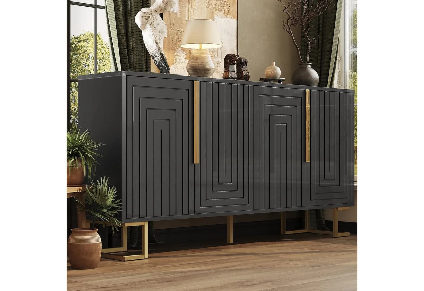 HAUSS SPOLE Sideboard Schwarz Geometrisches Design Goldene Akzente - Bild 2