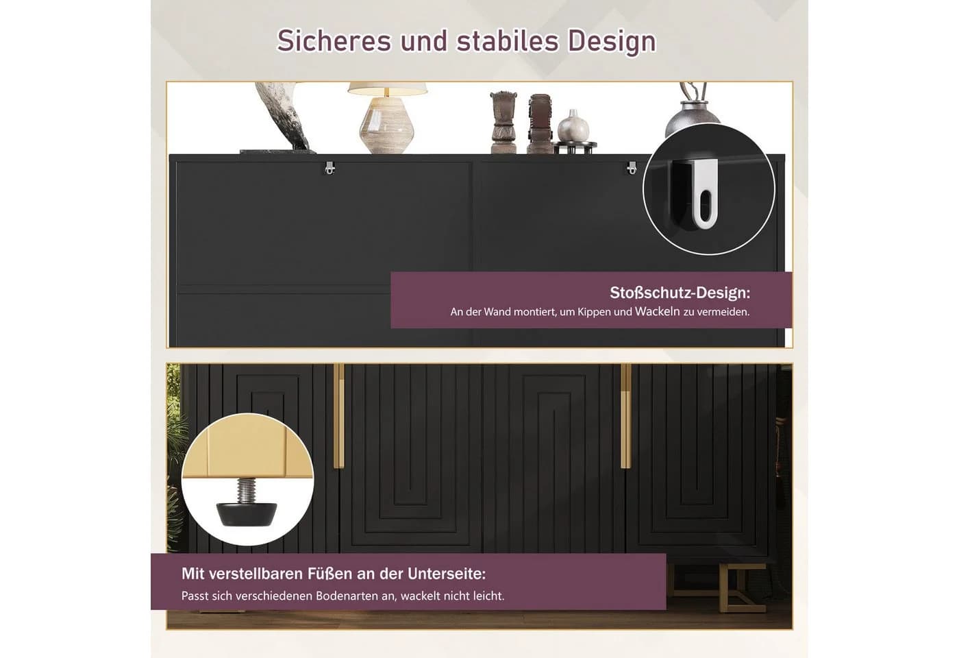 HAUSS SPOLE Sideboard Schwarz Geometrisches Design Goldene Akzente - Bild 5