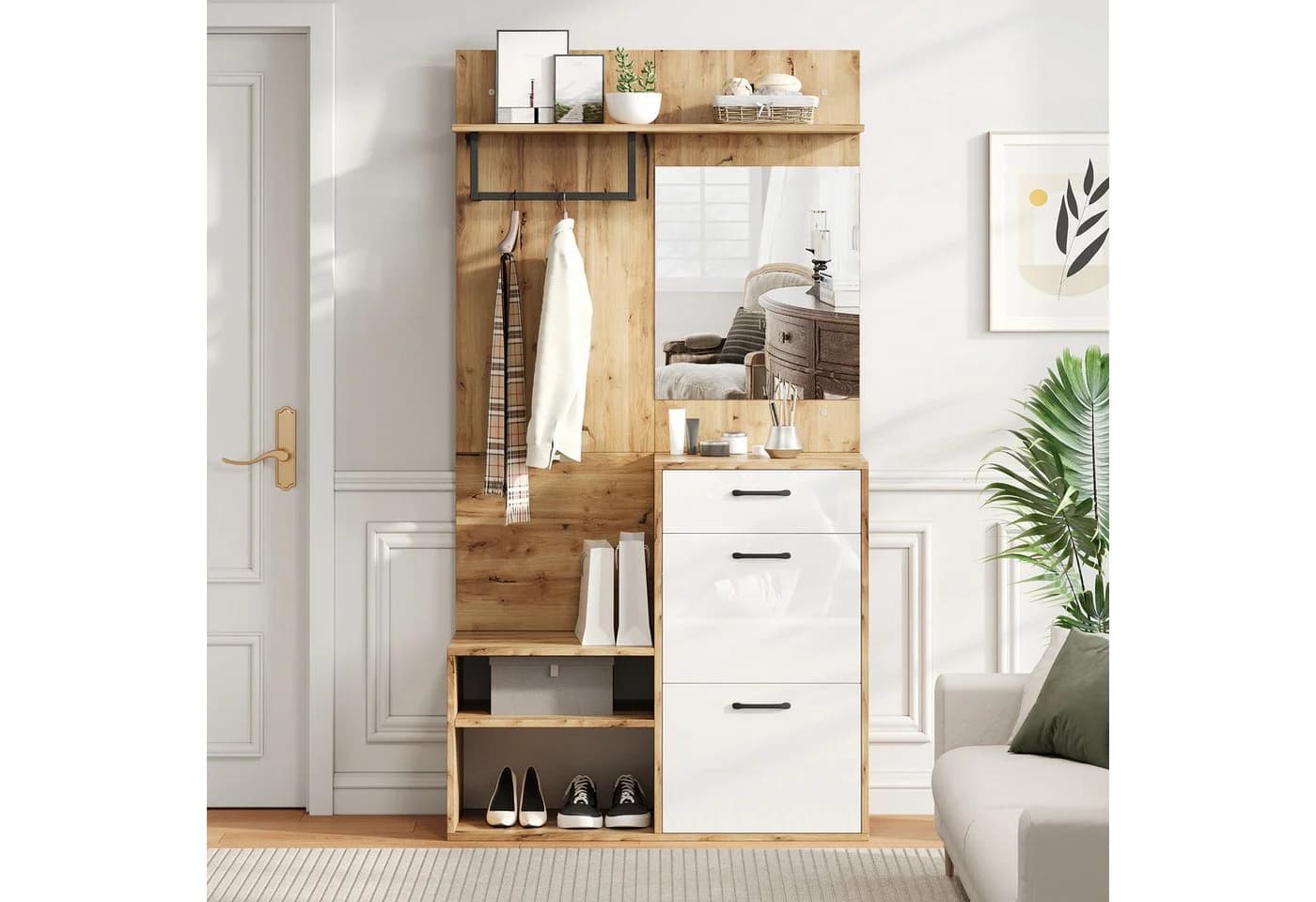 HAUSS SPOLE Garderoben-Set mit Spiegel, Schuhbank, Schuhschrank, 1 Schublade und 2 Schränken