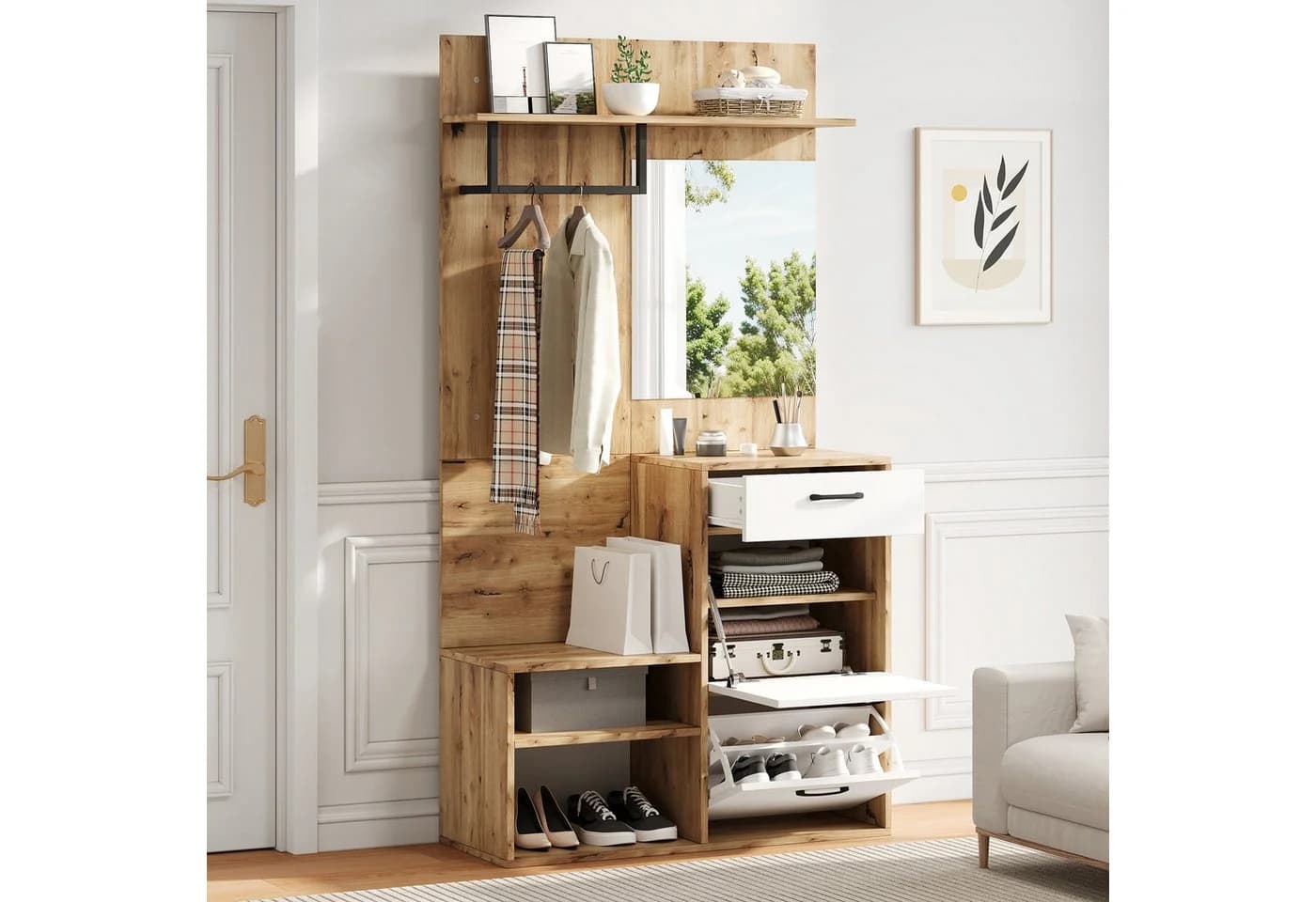 HAUSS SPOLE Garderoben-Set mit Spiegel, Schuhbank, Schuhschrank, 1 Schublade und 2 Schränken - Bild 2
