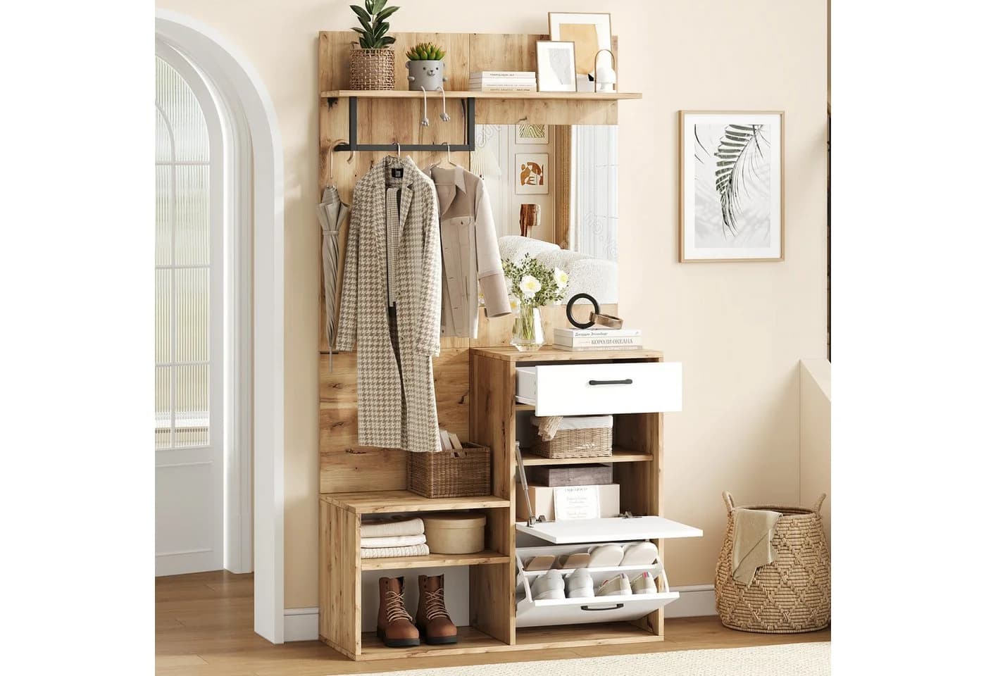 HAUSS SPOLE Garderoben-Set mit Spiegel, Schuhbank, Schuhschrank, 1 Schublade und 2 Schränken - Bild 3