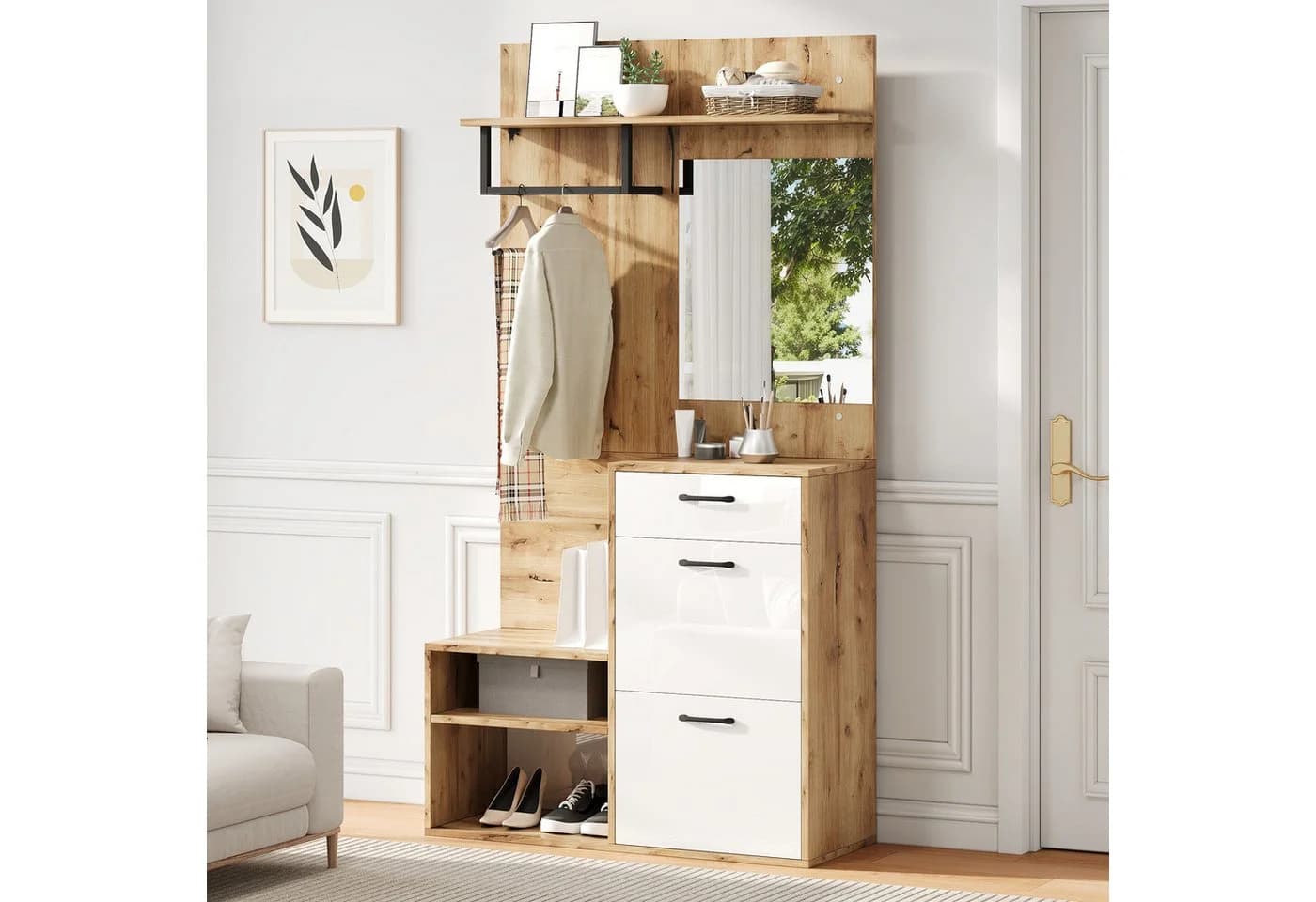 HAUSS SPOLE Garderoben-Set mit Spiegel, Schuhbank, Schuhschrank, 1 Schublade und 2 Schränken - Bild 4