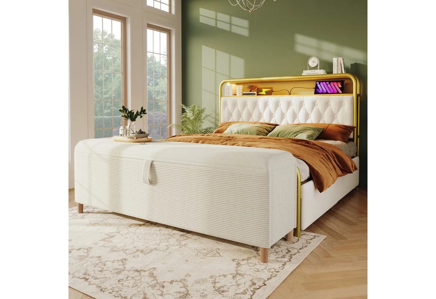 Elegante Bettbank aus Cordstoff und Holz in Beige