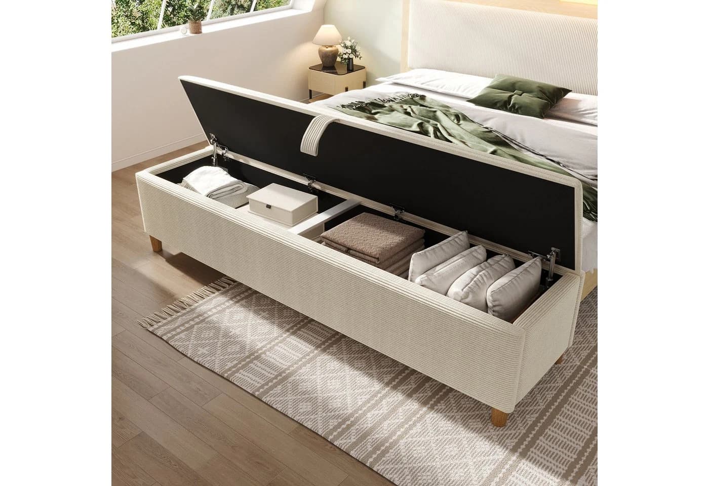 Elegante Bettbank aus Cordstoff und Holz in Beige - Bild 2