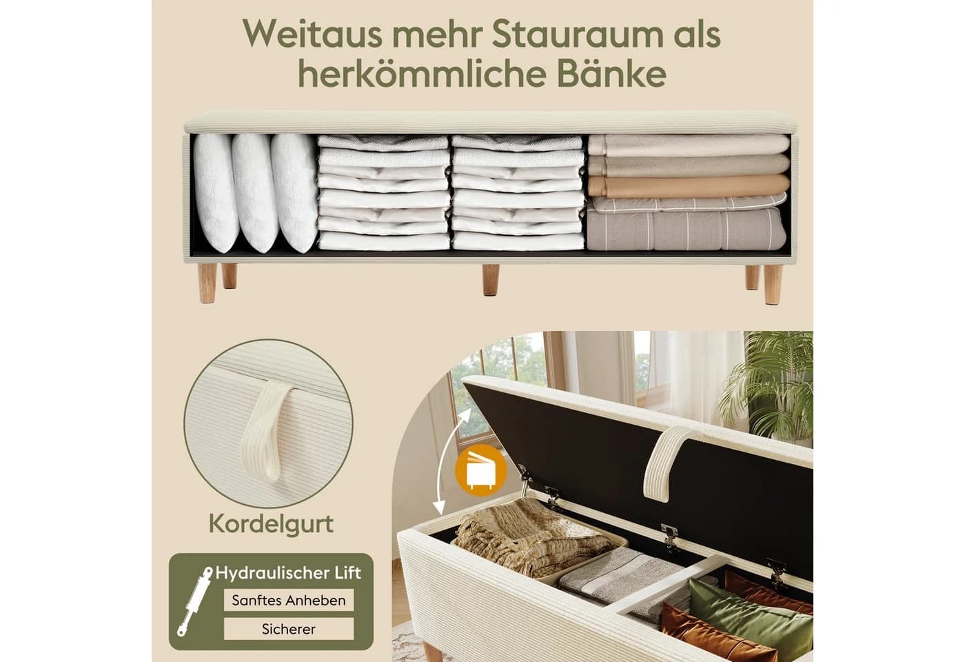 Elegante Bettbank aus Cordstoff und Holz in Beige - Bild 5