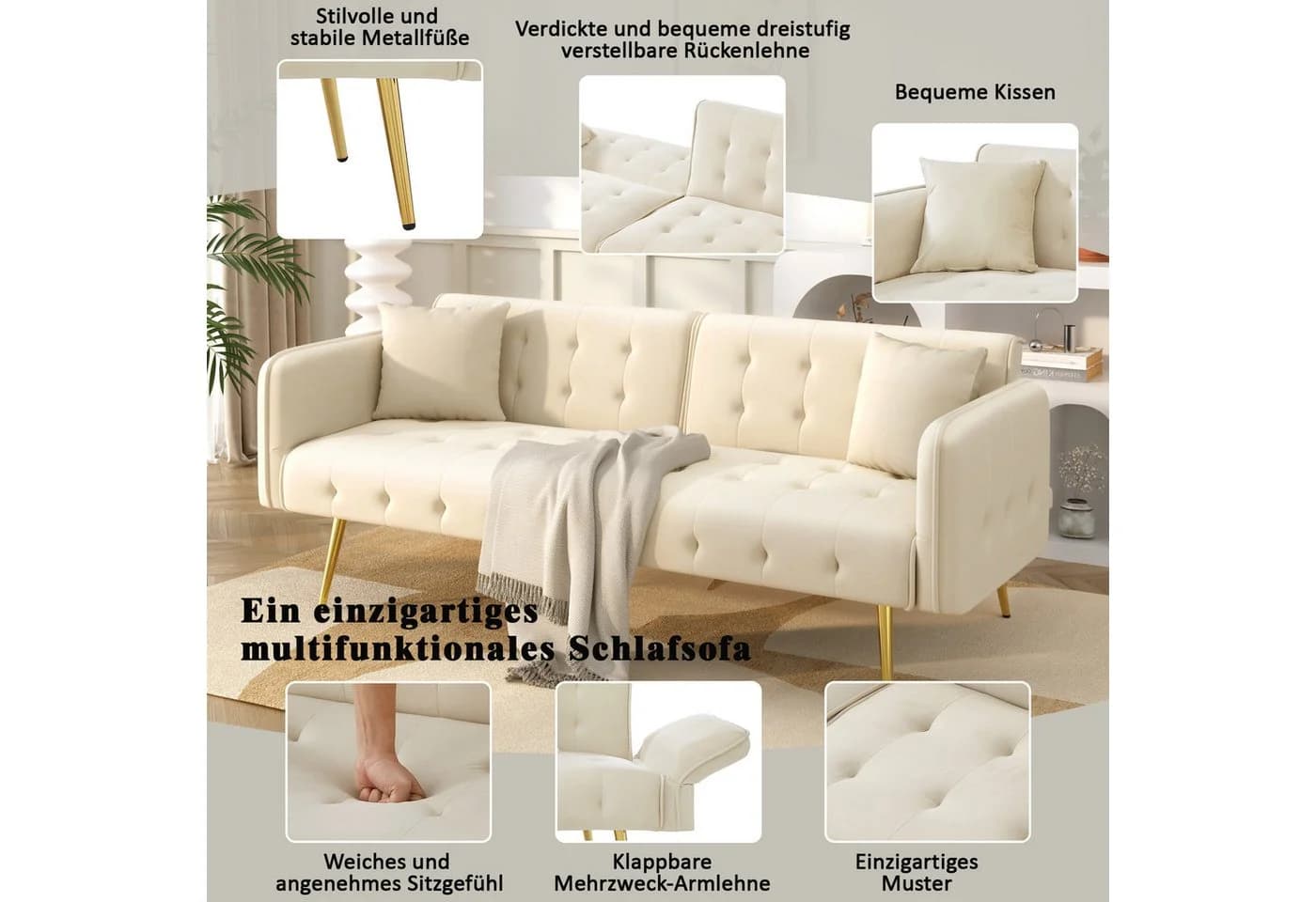 HAUSS SPOLE Schlafsofa Beige mit verstellbarer Rückenlehne und Armlehnen - Bild 4