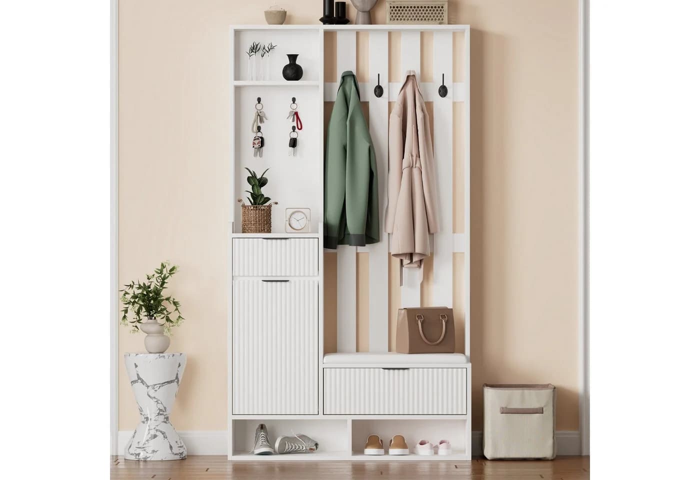 HAUSS SPOLE Garderoben-Set mit Schuhbank, 100 cm breit, 8 Haken, Kippschutz