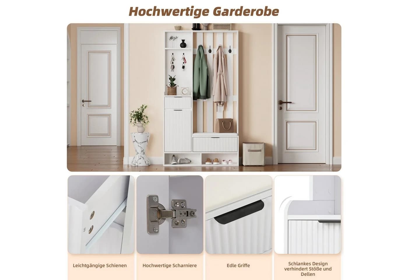HAUSS SPOLE Garderoben-Set mit Schuhbank, 100 cm breit, 8 Haken, Kippschutz - Bild 5