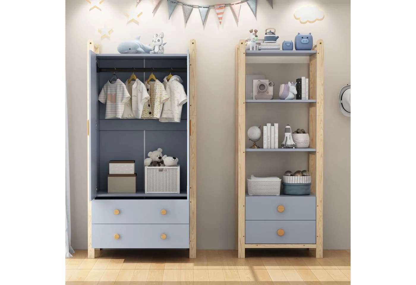 HAUSS SPOLE Kleiderschrank Kinderkleiderschrank mit 4 Ebenen Standregal Blau