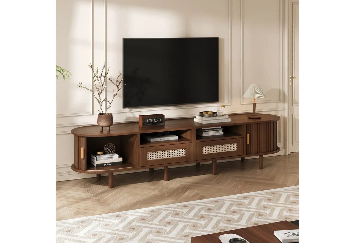 HAUSS SPOLE TV-Schrank Walnuss mit Schiebetür und Rattan-Schubladen - Bild 3
