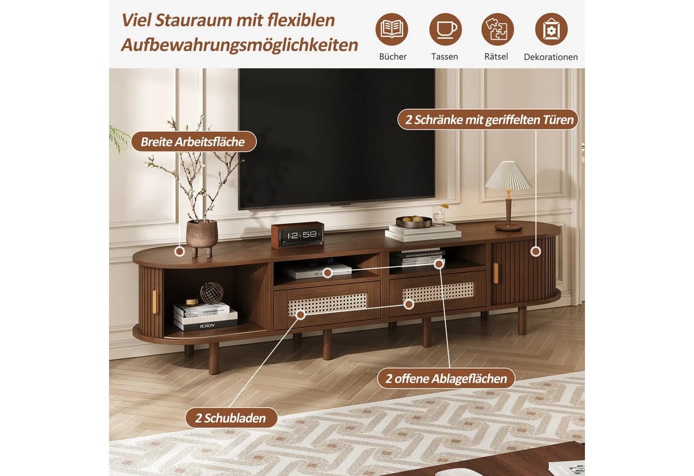 HAUSS SPOLE TV-Schrank Walnuss mit Schiebetür und Rattan-Schubladen - Bild 5