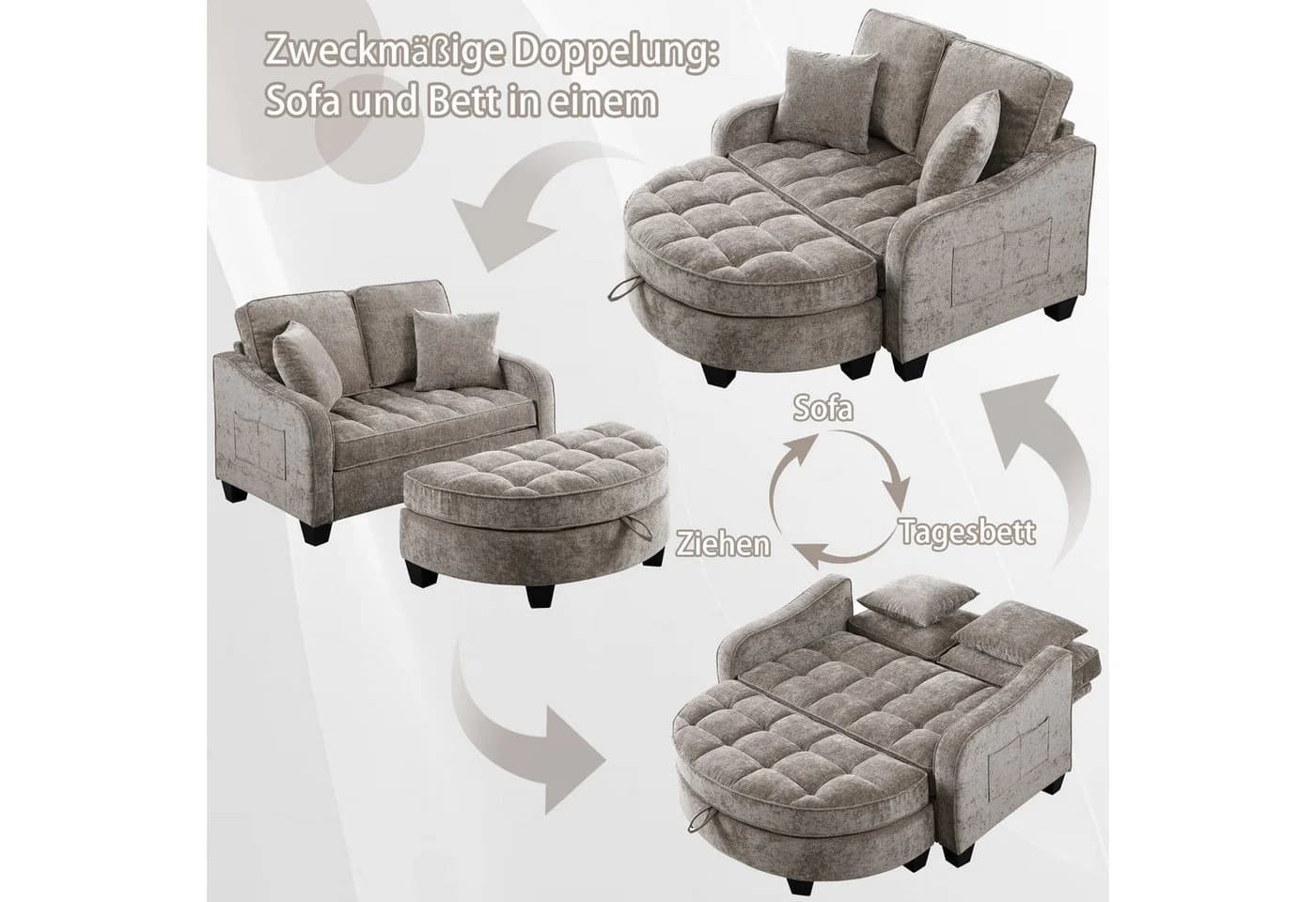 HAUSS SPOLE Schlafsofa mit Schlaffunktion Wohnzimmersofa Multifunktionales Sofa mit Hocker Braun - Bild 4