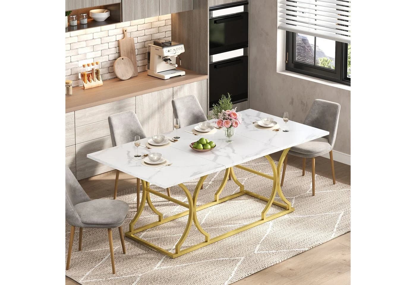 HAUSS SPOLE Esstisch Marmoroptik Weiß/Gold 200x80cm - Bild 3