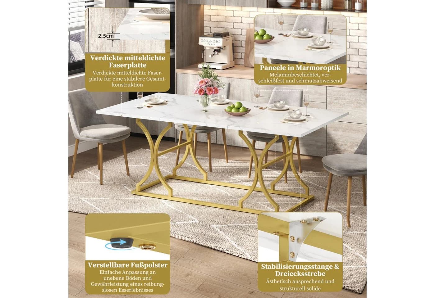 HAUSS SPOLE Esstisch Marmoroptik Weiß/Gold 200x80cm - Bild 4