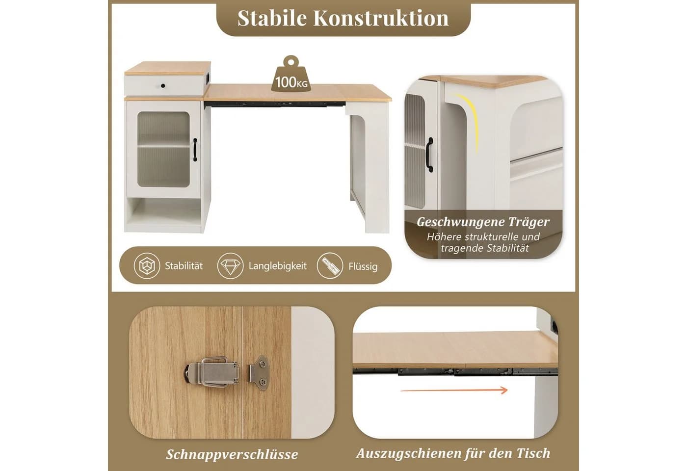 HAUSS SPOLE Kücheninsel mit ausziehbarem Tisch und Steckdosen Weiß - Bild 5
