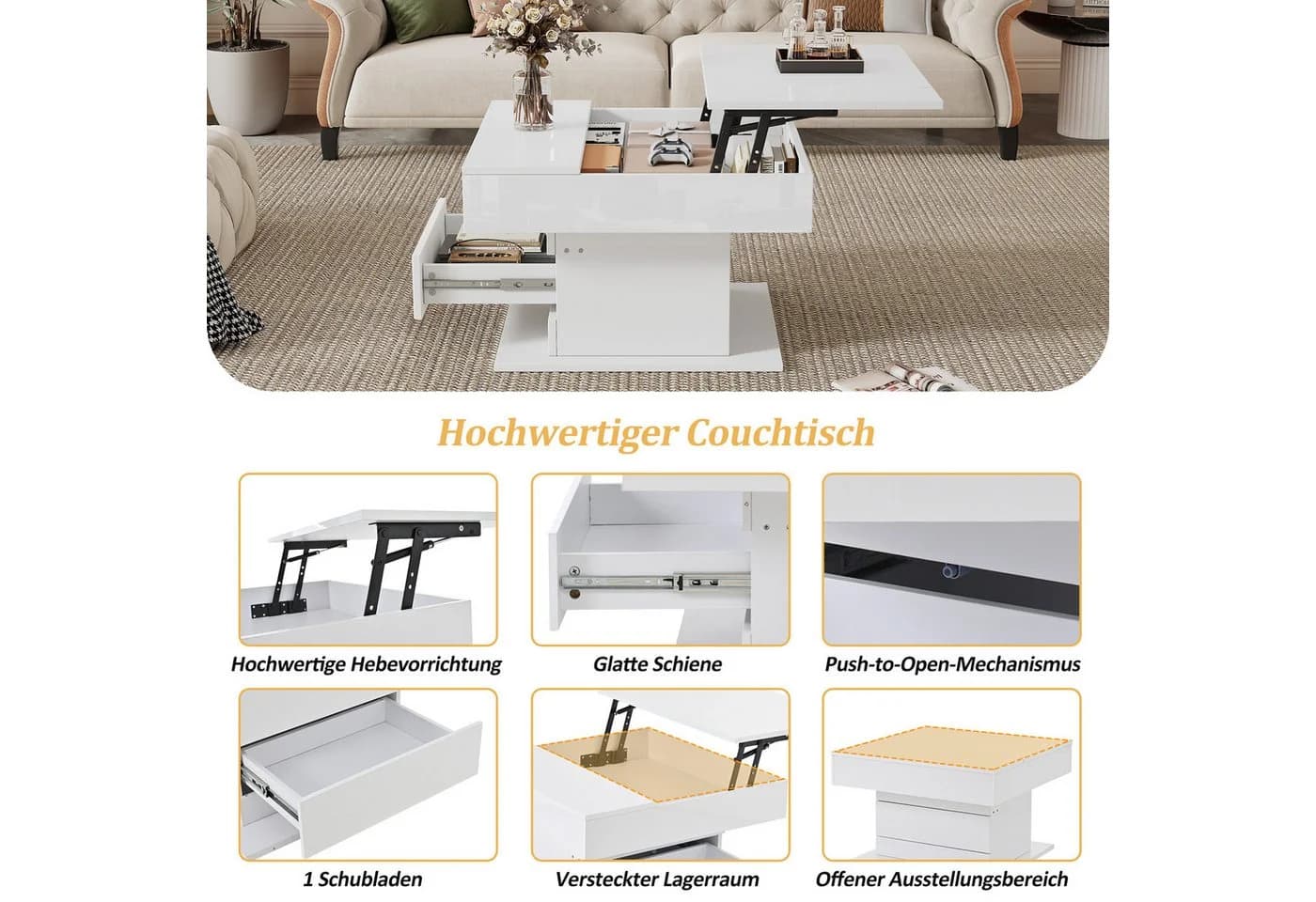 HAUSS SPOLE Couchtisch mit Schublade, anhebbarer Beistelltisch Wohnzimmertisch mit Hochglanz - Bild 5