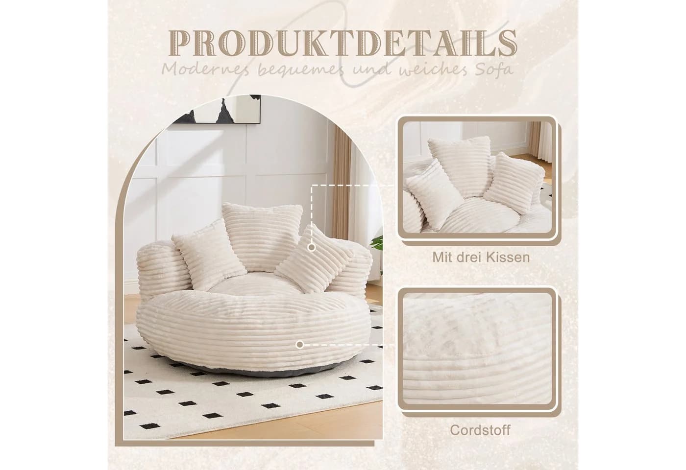 HAUSS SPOLE Schlafsofa Sitzsack Beige Extrabreit mit 3 Kissen - Bild 4
