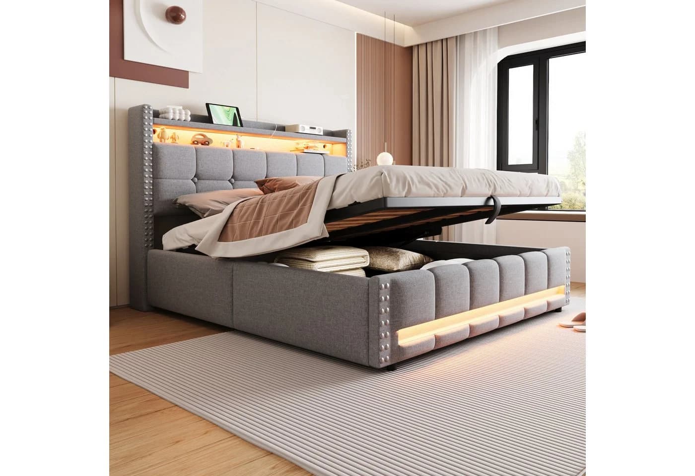 HAUSS SPOLE Polsterbett 160x200cm mit Matratze Komfortbett LED-Beleuchtung USB-Steckdose