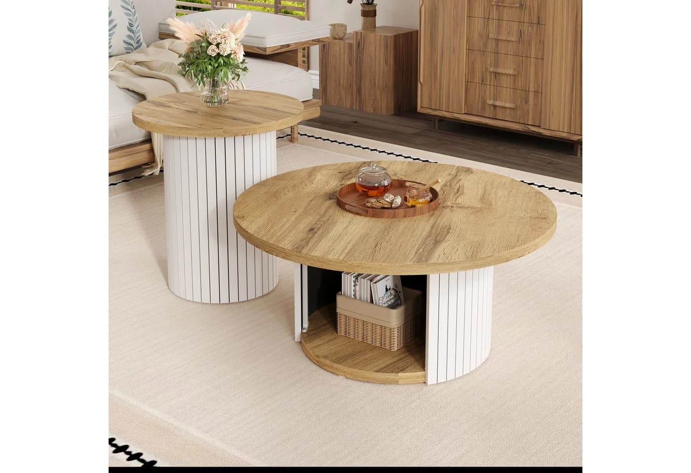 HAUSS SPOLE Couchtisch rund Multifunktionaler Beistelltisch mit Stauraum Natur - Bild 2