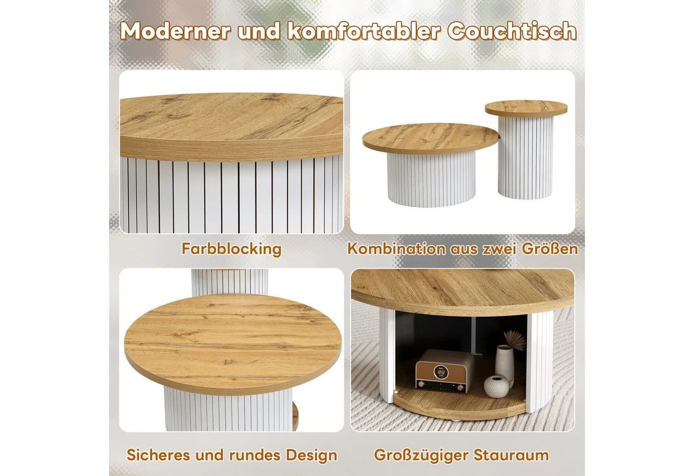 HAUSS SPOLE Couchtisch rund Multifunktionaler Beistelltisch mit Stauraum Natur - Bild 4