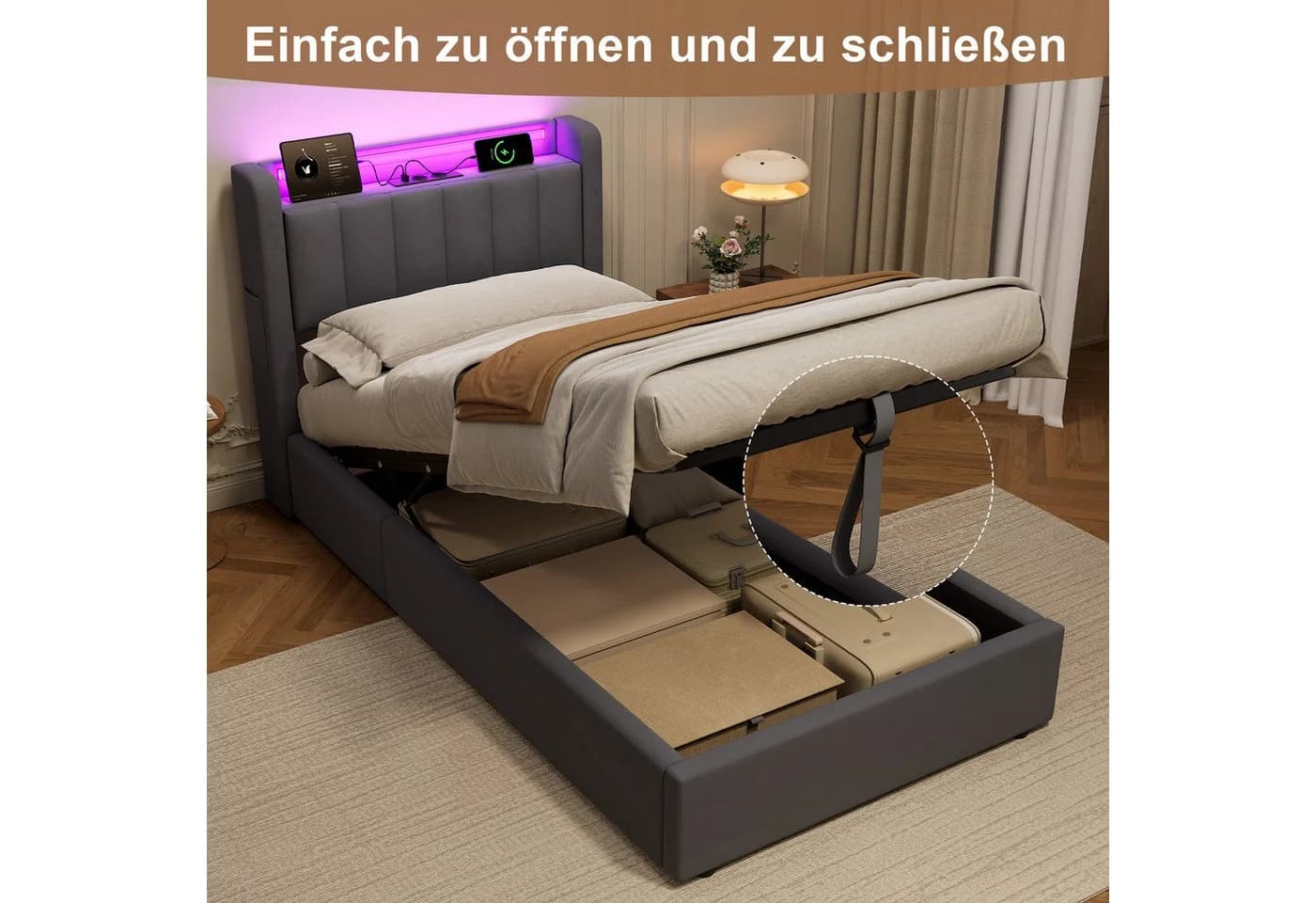 HAUSS SPOLE Polsterbett 90x200 mit Bettkasten und Steckdosen Boxspringbett mit LED-Licht - Bild 3