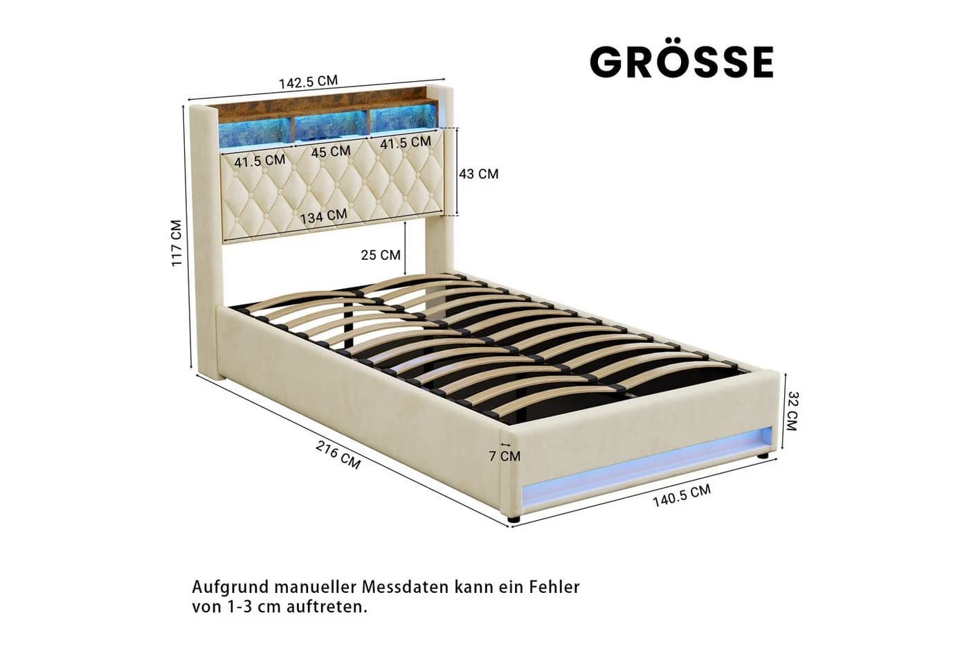 HAUSS SPOLE Polsterbett 140x200cm mit USB, LED-Beleuchtung, Beige - Bild 5