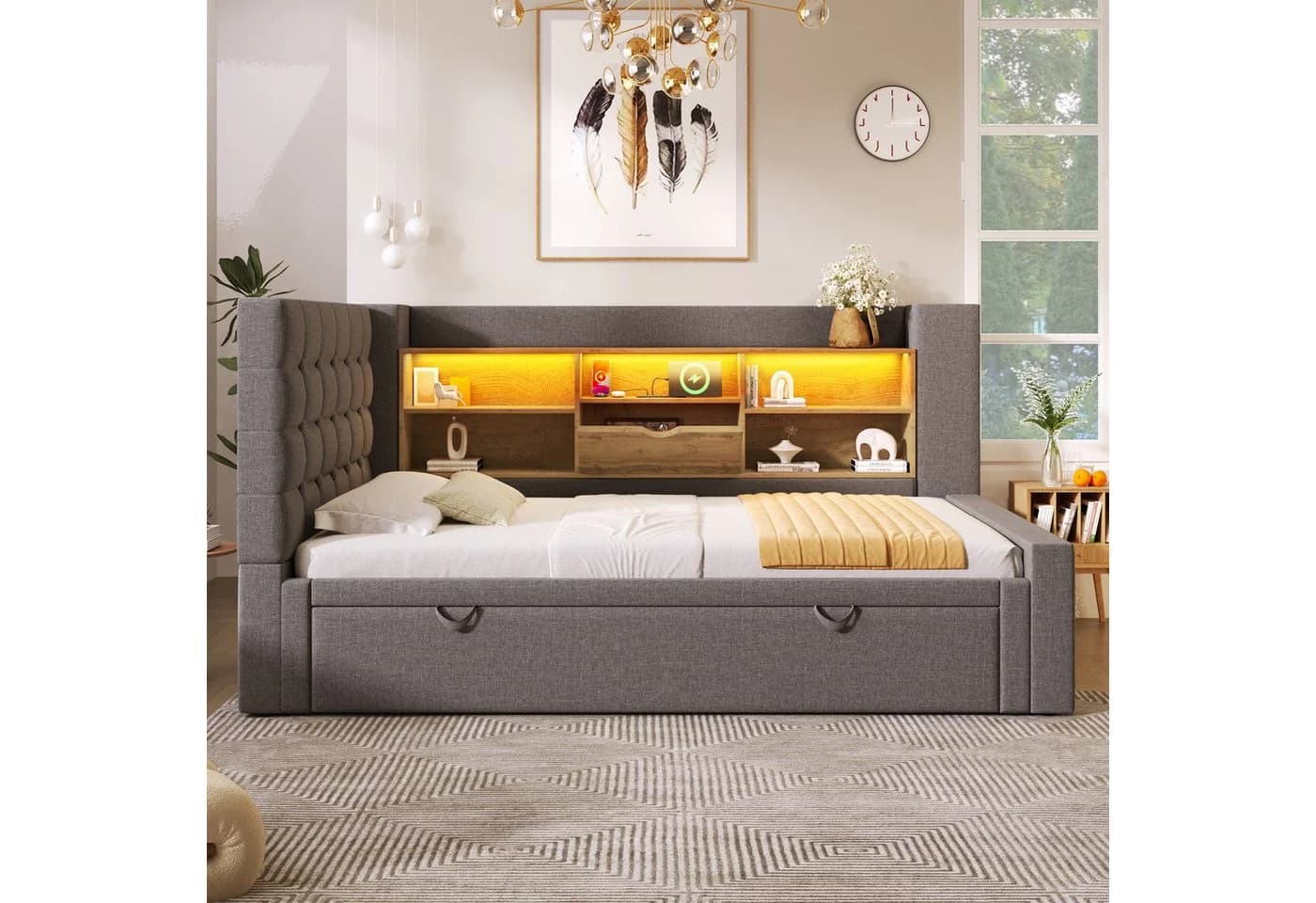 HAUSS SPOLE Stauraumbett 90x200 mit LED, Polsterbett Jugendbett mit Stauraum & Lattenrost Leinen