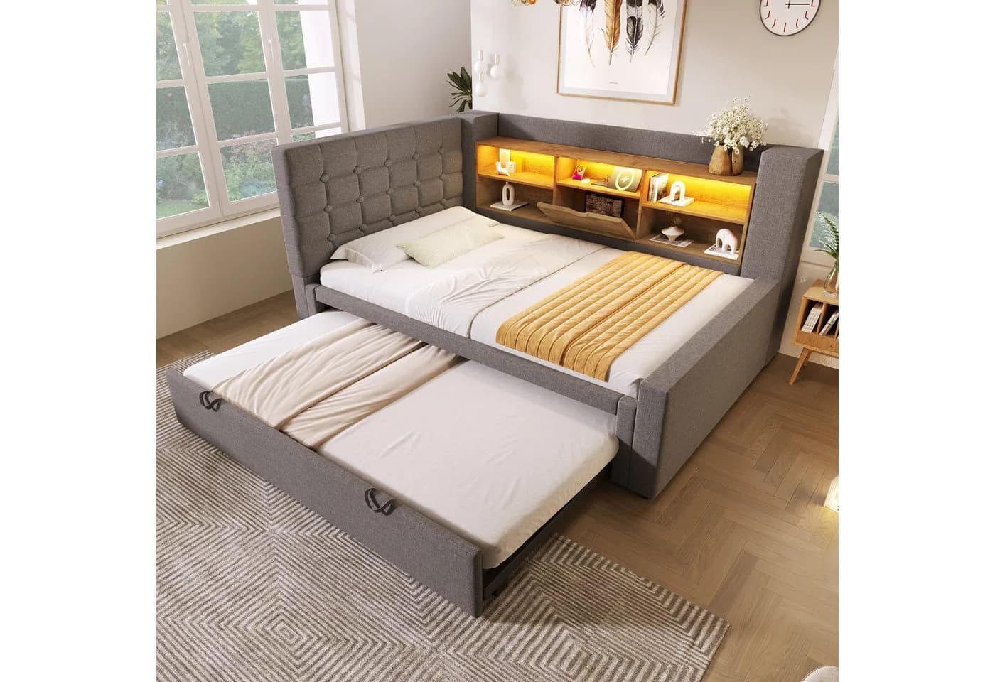 HAUSS SPOLE Stauraumbett 90x200 mit LED, Polsterbett Jugendbett mit Stauraum & Lattenrost Leinen - Bild 2