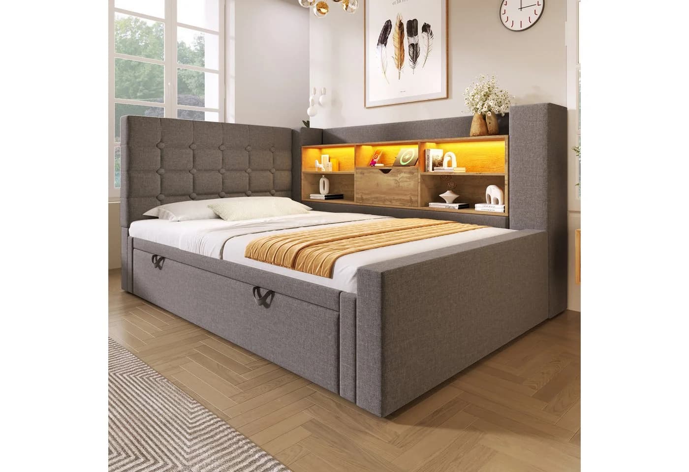 HAUSS SPOLE Stauraumbett 90x200 mit LED, Polsterbett Jugendbett mit Stauraum & Lattenrost Leinen - Bild 3