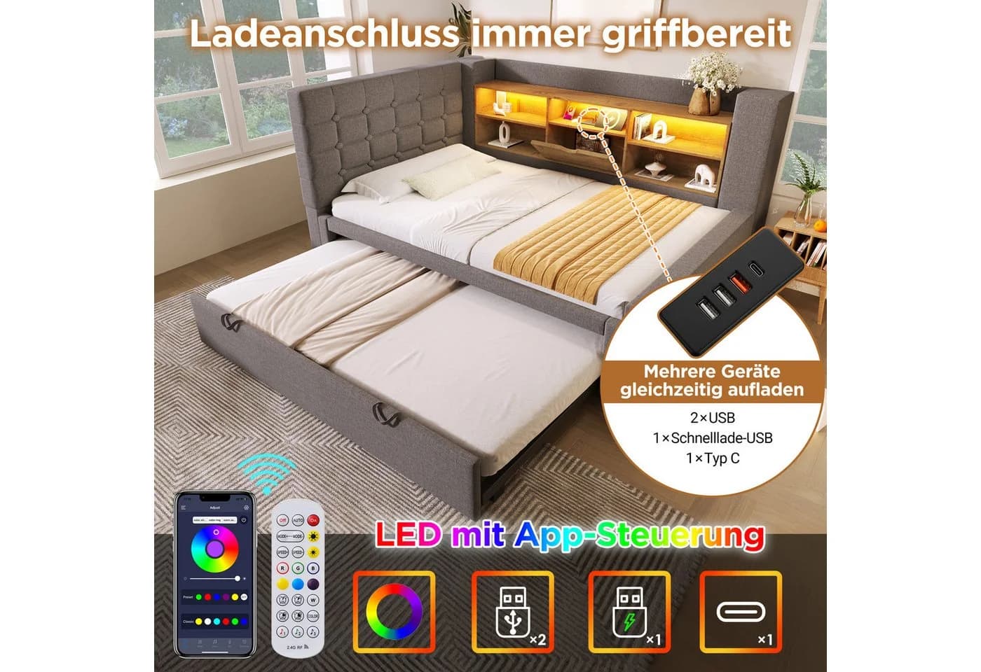 HAUSS SPOLE Stauraumbett 90x200 mit LED, Polsterbett Jugendbett mit Stauraum & Lattenrost Leinen - Bild 4