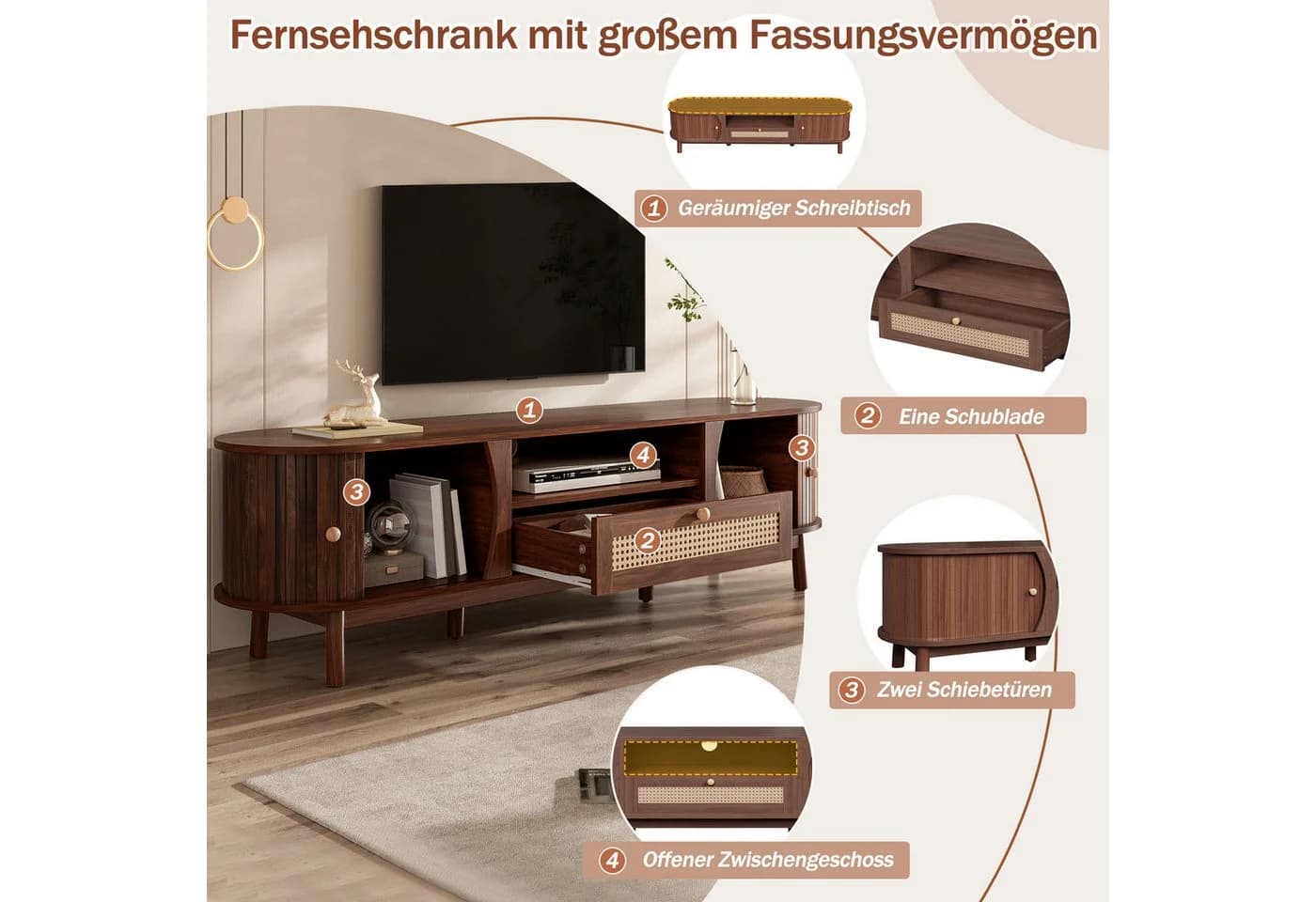 HAUSS SPOLE TV-Schrank Nussbaum mit Massivholztüren & Rattan - Bild 4