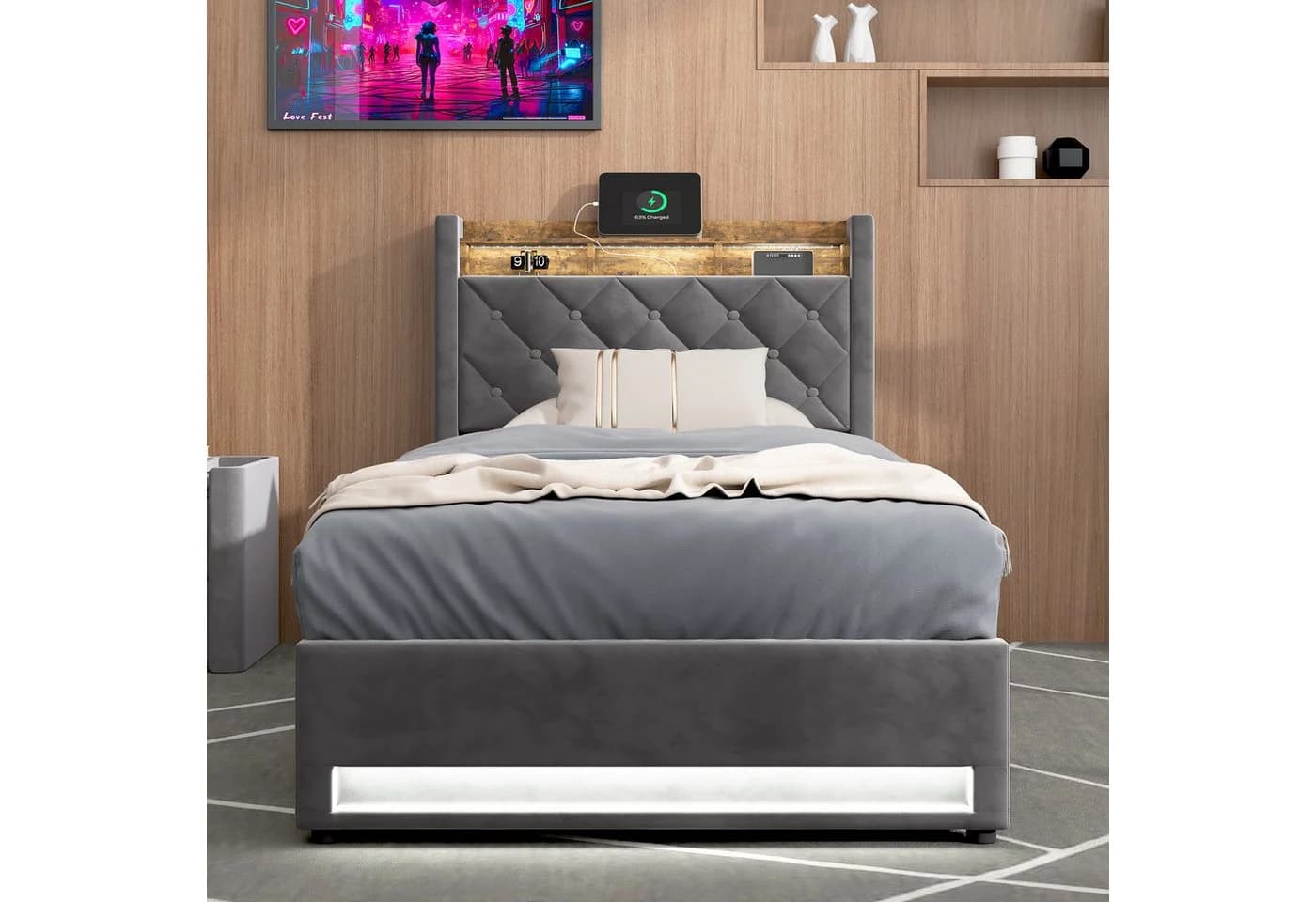 HAUSS SPOLE Polsterbett 90x200cm mit Matratze und USB, LED Metallrahmen, Beige - Bild 3
