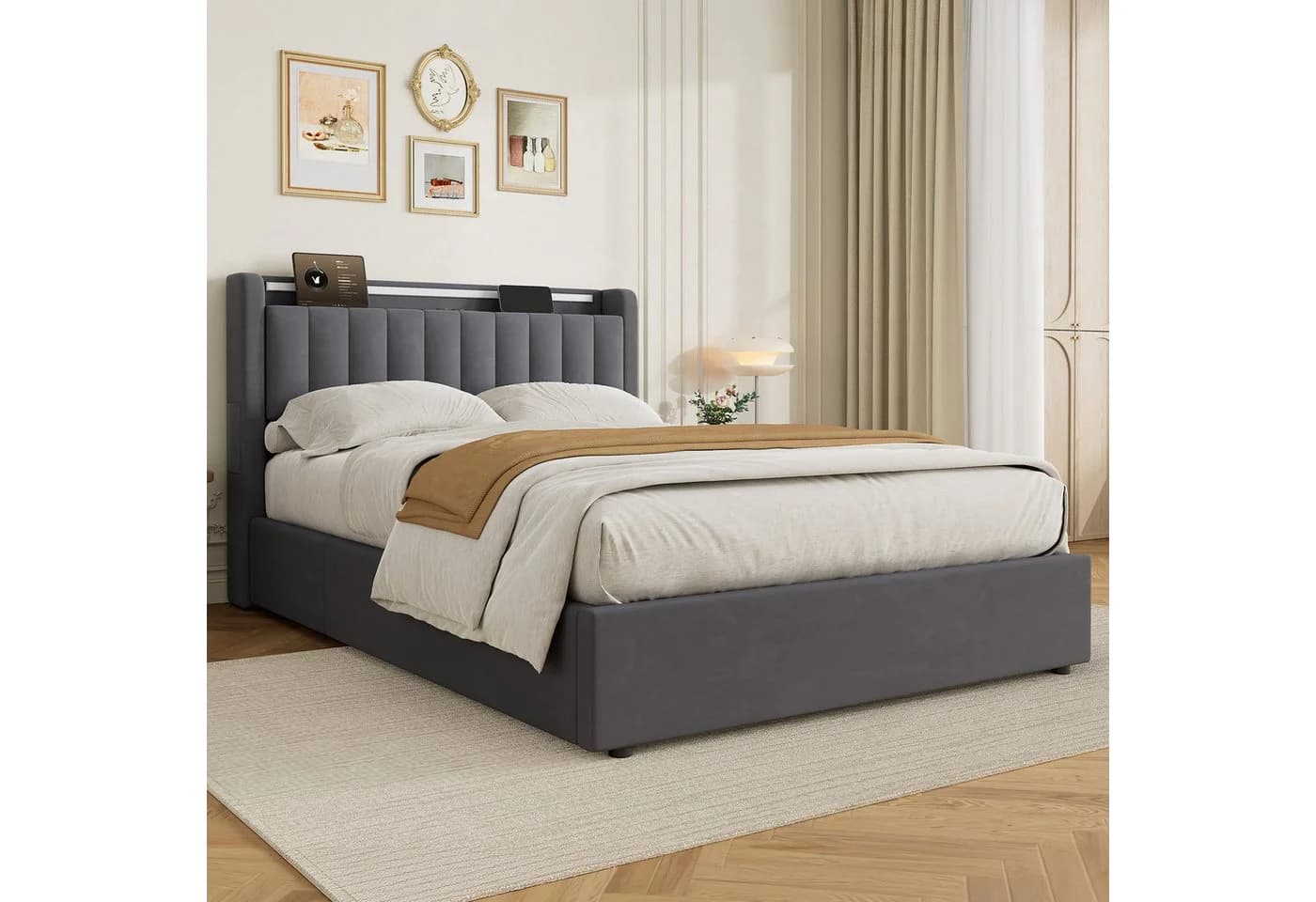 HAUSS SPOLE Polsterbett 140x200 mit Bettkasten und Steckdosen Boxspringbett mit Matratze & LED