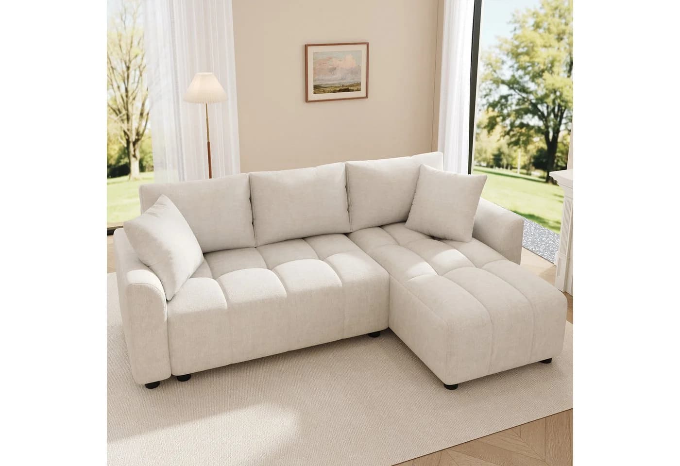 HAUSS SPOLE L-förmiges Schlafsofa Chenille Beige mit Zierkissen - Bild 2