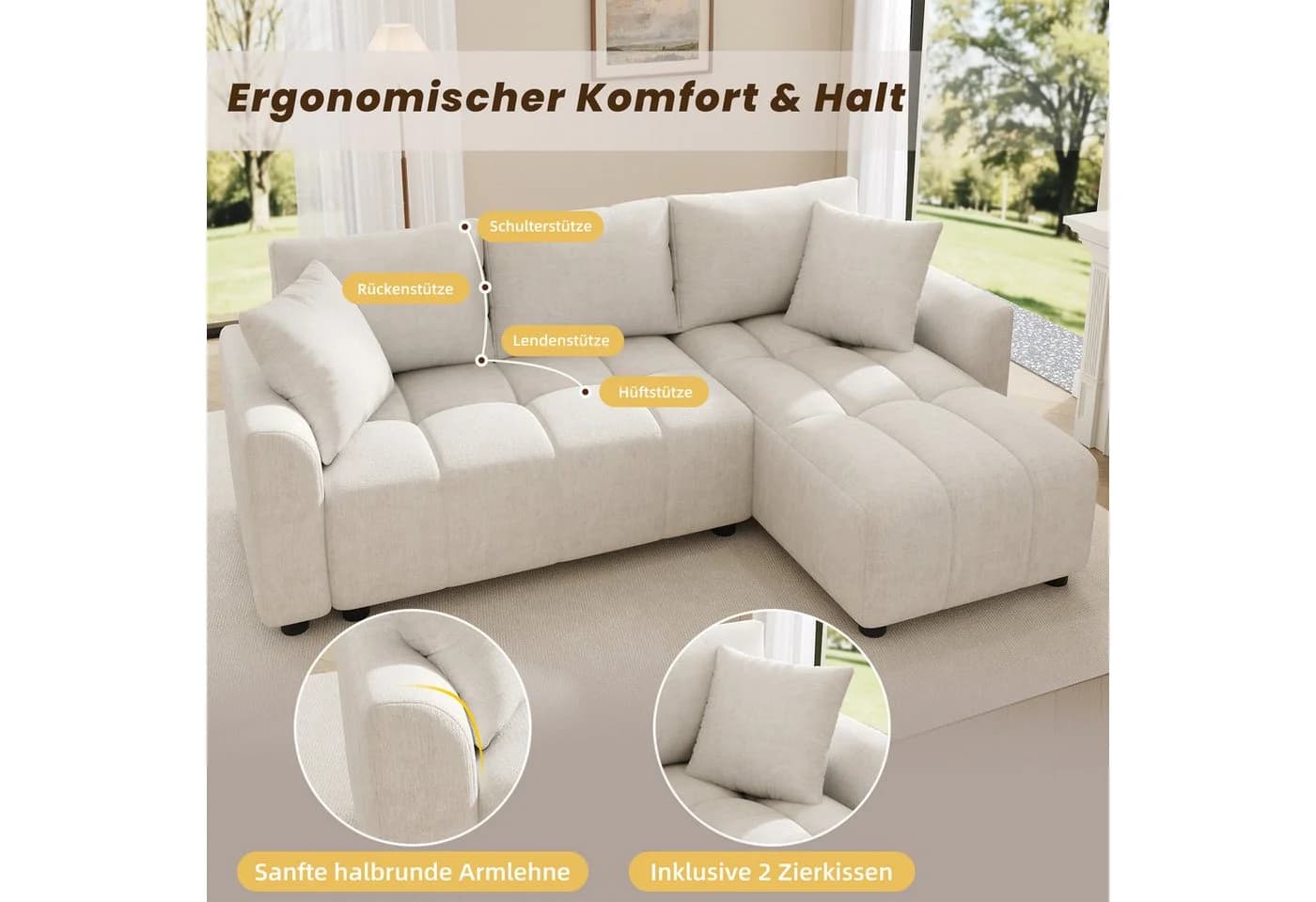 HAUSS SPOLE L-förmiges Schlafsofa Chenille Beige mit Zierkissen - Bild 4