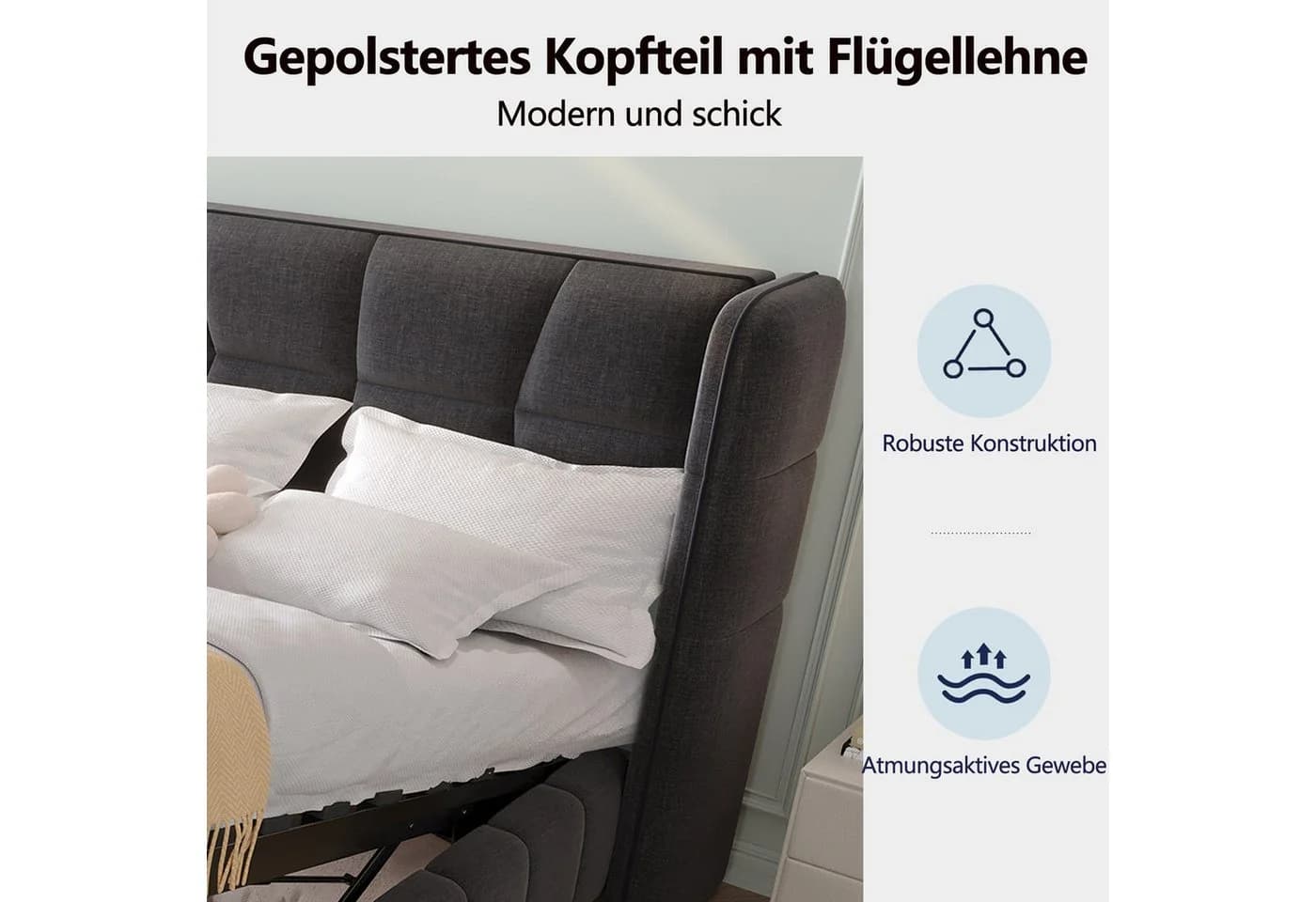 HAUSS SPOLE Polsterbett 90x200 Grau Leinenstoff mit Bettkasten - Bild 3