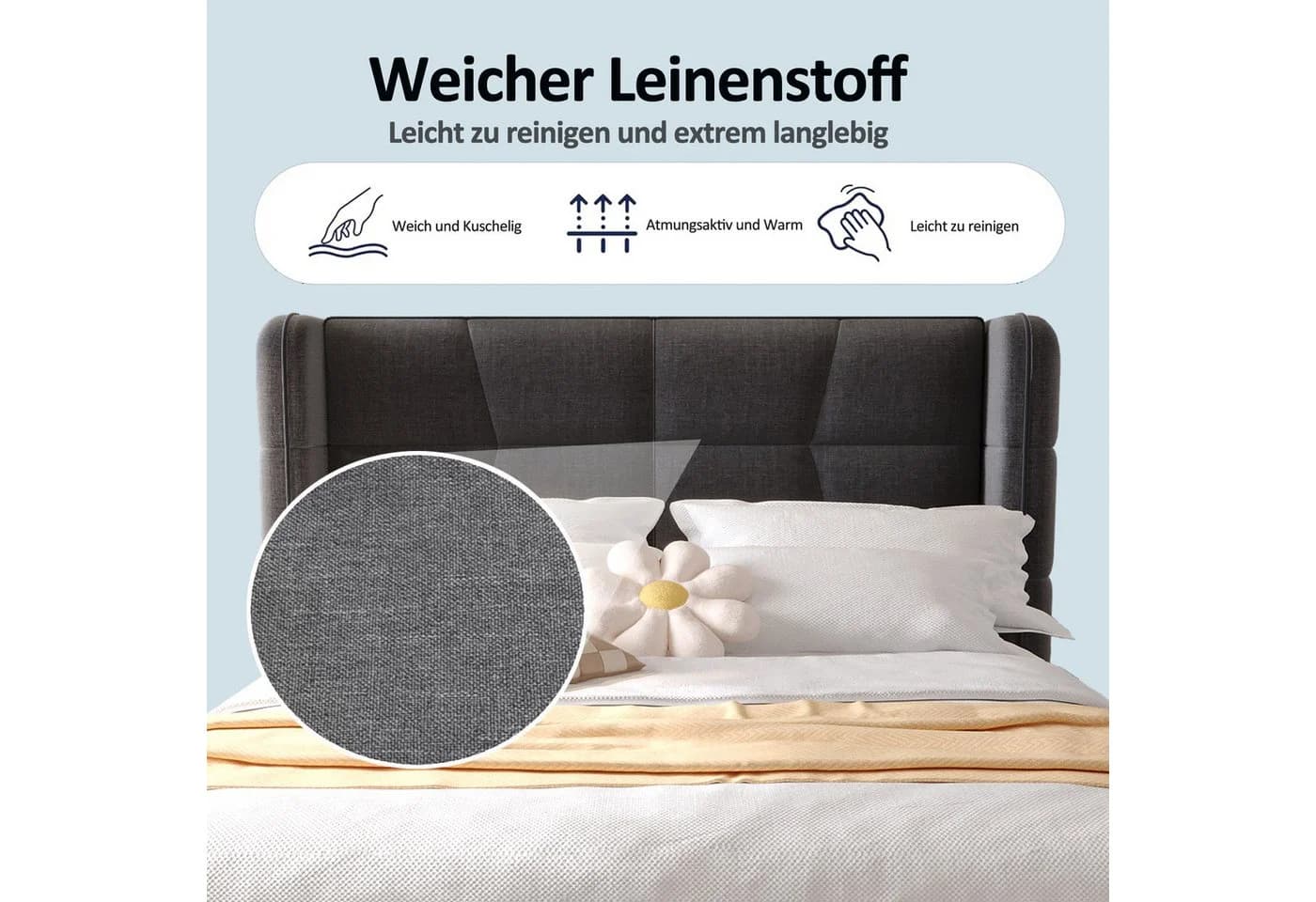 HAUSS SPOLE Polsterbett 90x200 Grau Leinenstoff mit Bettkasten - Bild 5