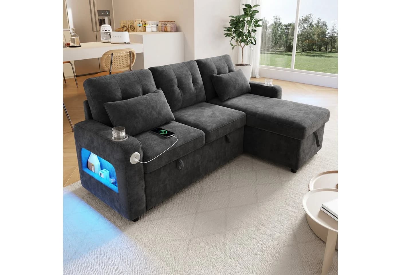 HAUSS SPOLE Schlafsofa 3-4 Sitzer L-Form Chenille Grau mit USB & LED