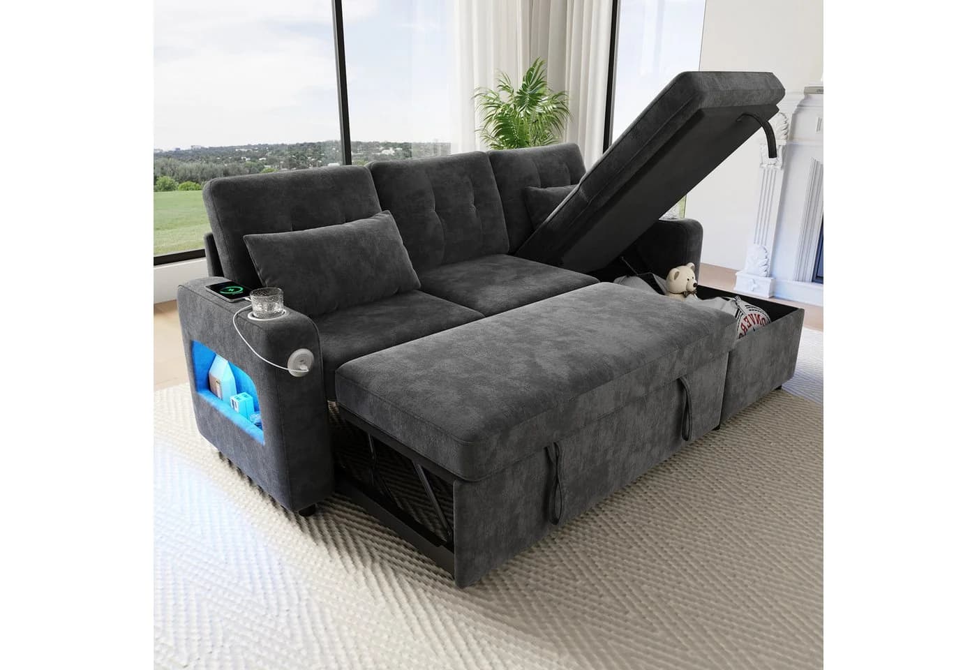 HAUSS SPOLE Schlafsofa 3-4 Sitzer L-Form Chenille Grau mit USB & LED - Bild 2