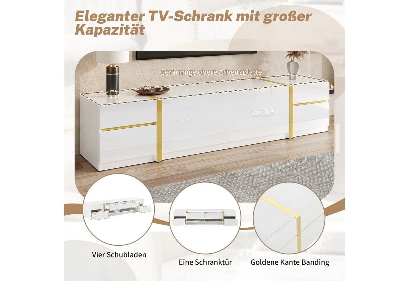 HAUSS SPOLE TV-Schrank Weiß Hochglanz mit Goldakzenten - Bild 4