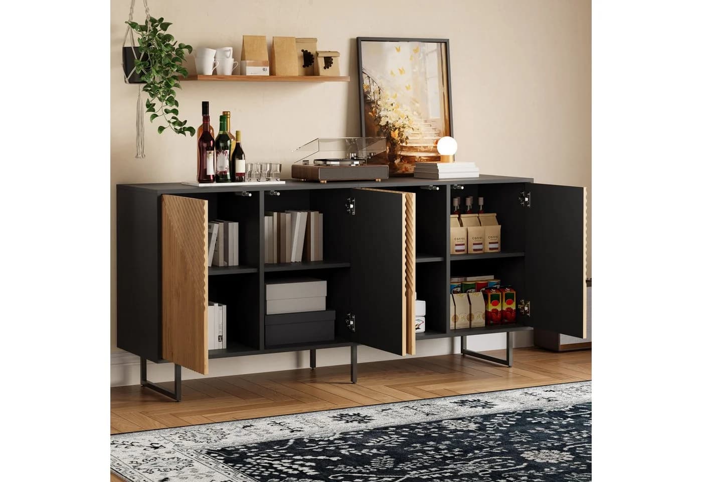 HAUSS SPOLE Sideboard mit Eisenbeinen, 8 Fächer, Natur/Schwarz
