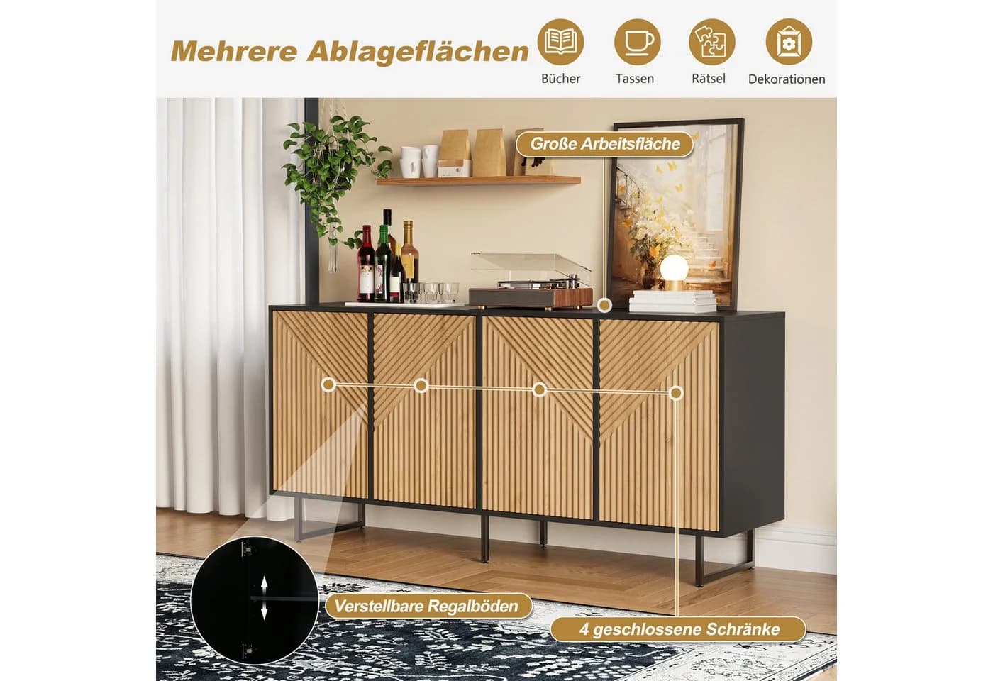 HAUSS SPOLE Sideboard mit Eisenbeinen, 8 Fächer, Natur/Schwarz - Bild 4
