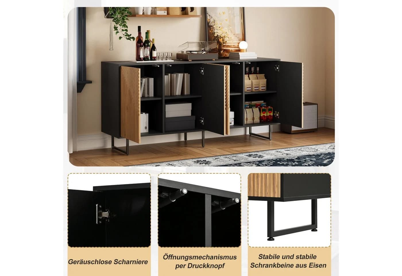 HAUSS SPOLE Sideboard mit Eisenbeinen, 8 Fächer, Natur/Schwarz - Bild 5